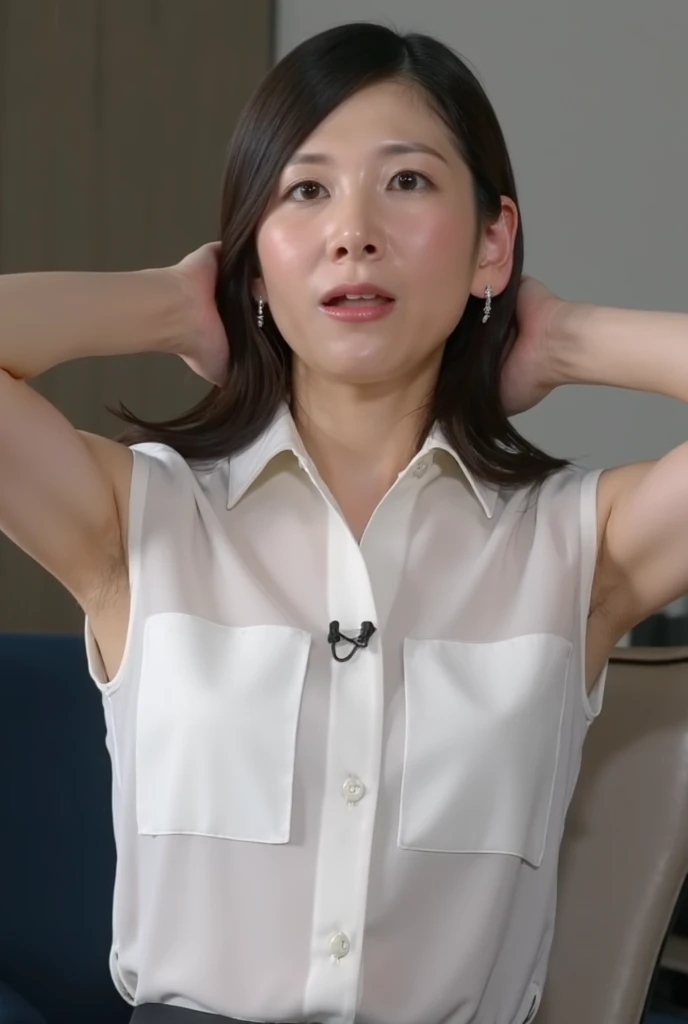 (Realistic:1.3、Ultra HD、Ultra-high resolution、8k、Japanese Office Lady、Sit in a company chair、At work、Showing your armpits to a colleague)、((Looking into the camera:1.8))、(Extremely realistic skin texture:1.4)、(Realistic:1.3)、(Embarrassed look:1.5)、(Short Hair:1.8)、(48-year-old woman、Mature Woman)、((Lift your arms and show your armpits:1.3))、((Crotch close-up:1.2))、((Nipples are visible:1.4))、((Small breasts:1.3))、((Small breasts:2.0))、Armpit sweat、(Photographed from the front)、((open your legs to the sides:1.4))、((Visible panties:1.4))、((Sleeveless shirt、Long skirt))、((Small breasts:1.9))