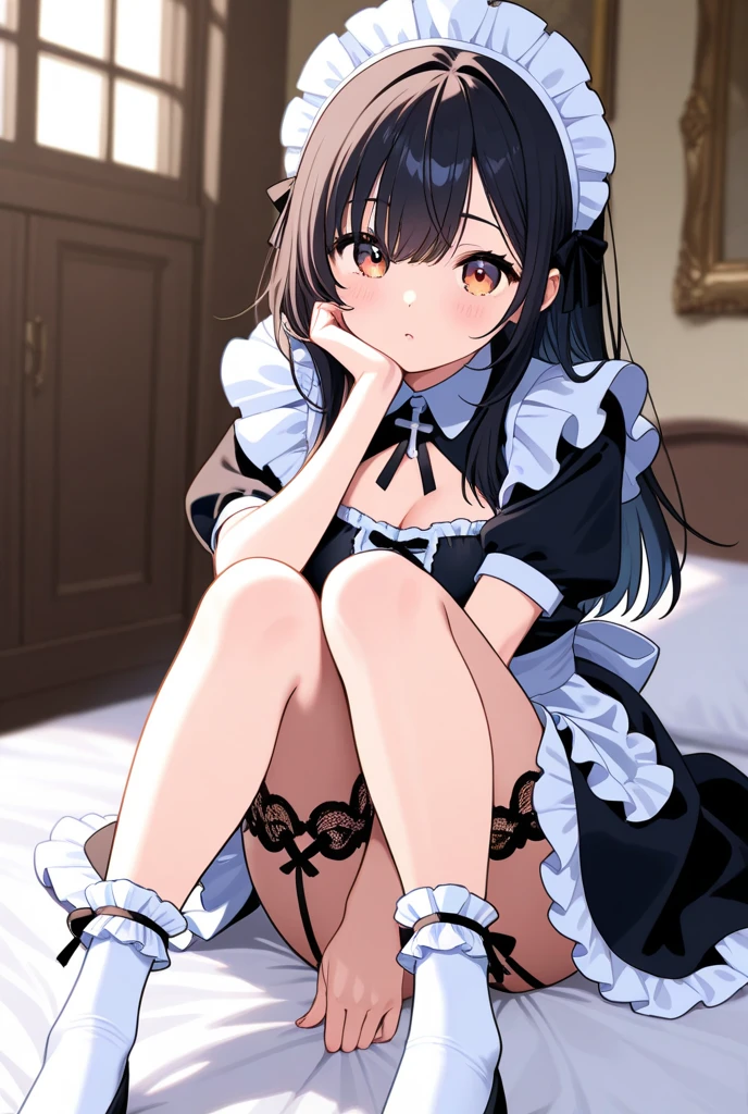 A maid, (in bedroom), various hair styles, night, details face, short skirt, seducing, sleeveless, maid uniform, armpits, laying on bed