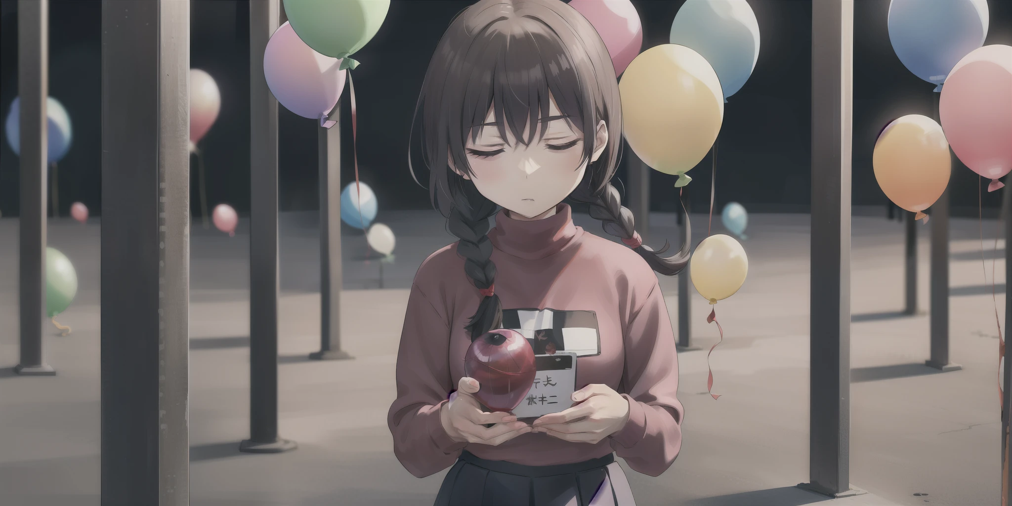 Madotsuki , pink sweater tied to a pillar, logo, Skirt, closed both eyes, upper body, shadow, dark, bloody, Holding a balloon, 薄 dark, dream,