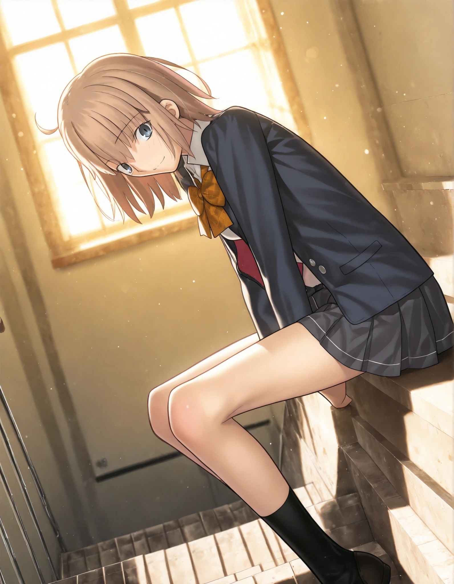 masterpiece, , absurdres, highres, detailed background, high resolution, masterpiece, necessary, detail, best quality, quality, necessary, details, High details, Precise, 8k indoors, (Stairs, colorful light particles, powder light,),day lens flare, blurry background,(from side, from above,),
1girl, Takeuchi Takashi (type-moon,tsukihime) style, takeuchi takashi style, (aged up:1.5),(blue sky), sitting,(long legs) ,
girl, (slender body, slim arms, slim bod), solo, el3gymaster ,ciel \(tsukihime\) ,((blue gray eyes)),light brown hair, medium hair, , (school uniform ,open jacket ,, white shirt ,grey skirt, pleated skirt,), (medium breasts),(looking at viewer),((brown plaid bowtie)),light smile, leaning forward, , ,