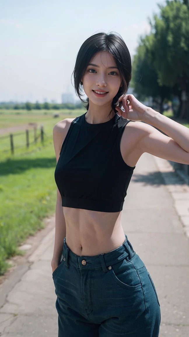 最high quality、high quality、Best image quality、8k,Sunflower print bikini,Micro Bikini,Side bust:1.2、Underbust:1.2,short hair:1.4,smile、最High resolution、High resolution、最high quality、masterpiece、RAW Photos、whole body写真、Detailed and realistic human body、Detailed and realistic skin、Realistic face in every detail、Detailed and realistic eyes、Detailed and realistic lips、Detailed and realistic teeth、Detailed and realistic ears、Detailed and realistic hair、Realistic reproduction of every detail、Realistic fingers in every detail、(Beautiful Hands、thumb1reference4)、Realistic feet down to the last detail、((Beautiful Japanese Women))、(Japanese Model)、((21 year old beautiful woman))、(Black Hair)、(Straight hair)、((whole body))、(Slim and perfect figure)、(whole body光沢肌、Fair skin)、Detailed and realistic human body、Detailed and realistic skin、Realistic face in every detail、Realistic fingers in every detail、Detailed realistic feet、Soft natural light、360 degree sunflower field、((standing in the middle of a field of sunflowers(A girl surrounded by sunflowers 360 degrees))、Poses to make your thighs look beautiful