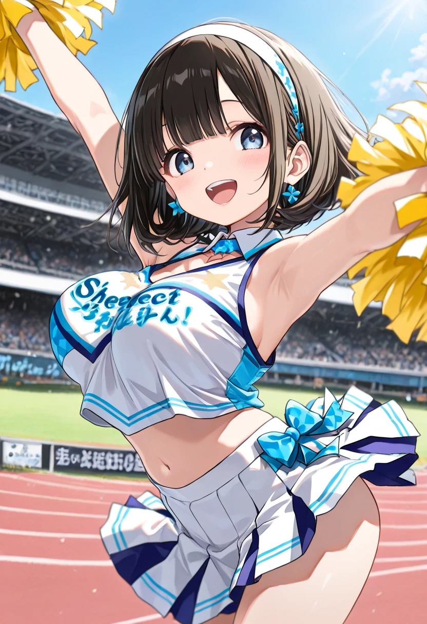 Anime girl in cheerleader costume holding a banana in stadium, official artwork, 8K!, idolmaster, 4K!, Rin, cheering, 8K!!, hq artwork, Official art, Single !!tear!!, Happy!!!, Big!!!!!!!!!!!!, sayori, Makoto, nagatoro, official anime artwork, Standing!!, mayuri shiina, KyoAni
