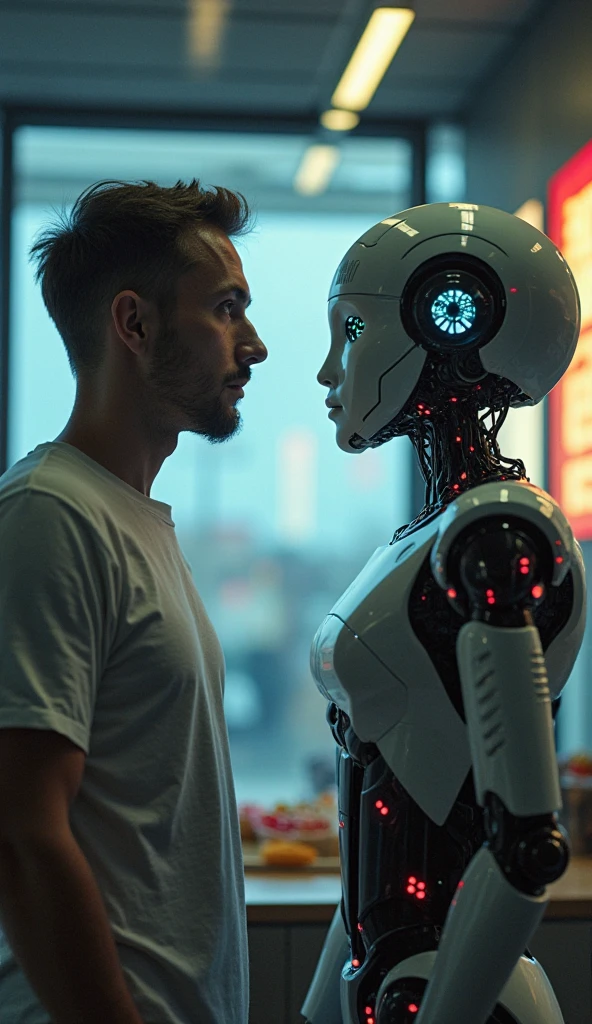 Sleek photos, Modern robot with glowing blue eyes and black hair human male, Two people standing side by side in a bright room, Engage in deep conversations. Robot hand gestures mimic human-like facial expressions、Humans listen intently.