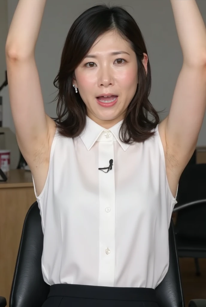 (Realistic:1.3、Ultra HD、Ultra-high resolution、8k、Japanese Office Lady、Sit in a company chair、At work、Showing your armpits to a colleague、One Piece Shirt)、((Looking into the camera:1.8))、(Extremely realistic skin texture:1.4)、(Realistic:1.3)、(Embarrassed look:1.5)、(Long Hair:1.4)、(28-year-old woman、Mature Woman)、((Lift your arms and show your armpits:1.3))、((Face close-up:1.3))、((Nipples are visible:1.4))、((Small breasts:1.3))、((Small breasts:1.5))、Armpit sweat