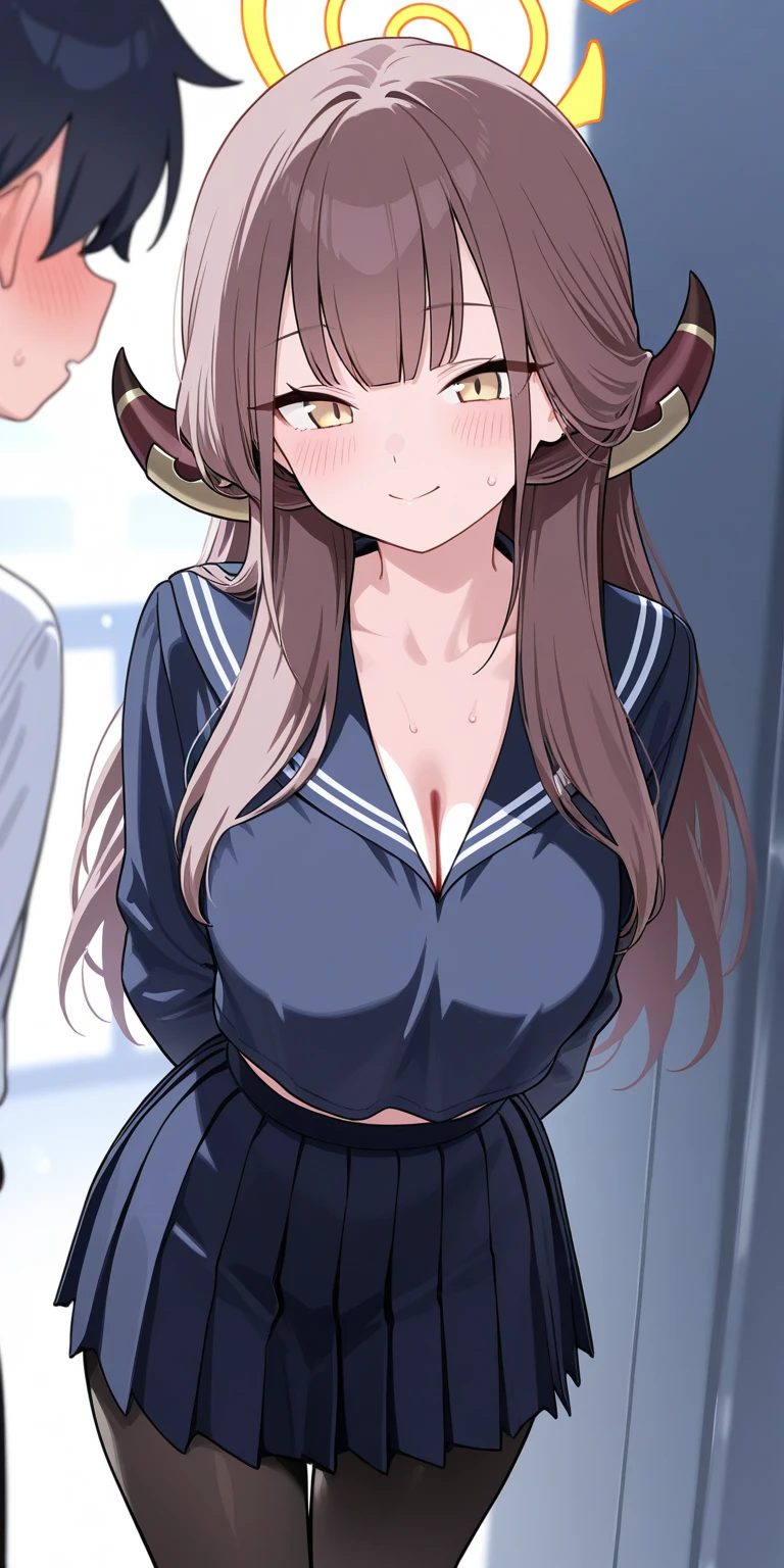 light brown hair beautiful young girl, right side view, side ponytail, hand on chest, slightly blushed, shy, looking down, large breast, black tanks with short skirt, natural lighting, dawn, feather ornament, anime style, full body shot, 4k, masterpiece, high details, ultra details, high quality