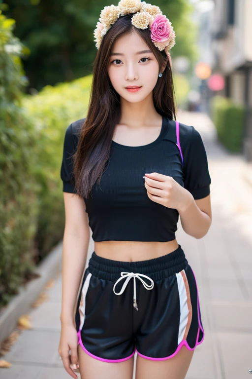 Masterpiece, high detailed, realistic, ultra realistic, ((hyper realistic)), woman with long hair, brown hair color, ((black t shirt / blue short pant)), smile, 16k,