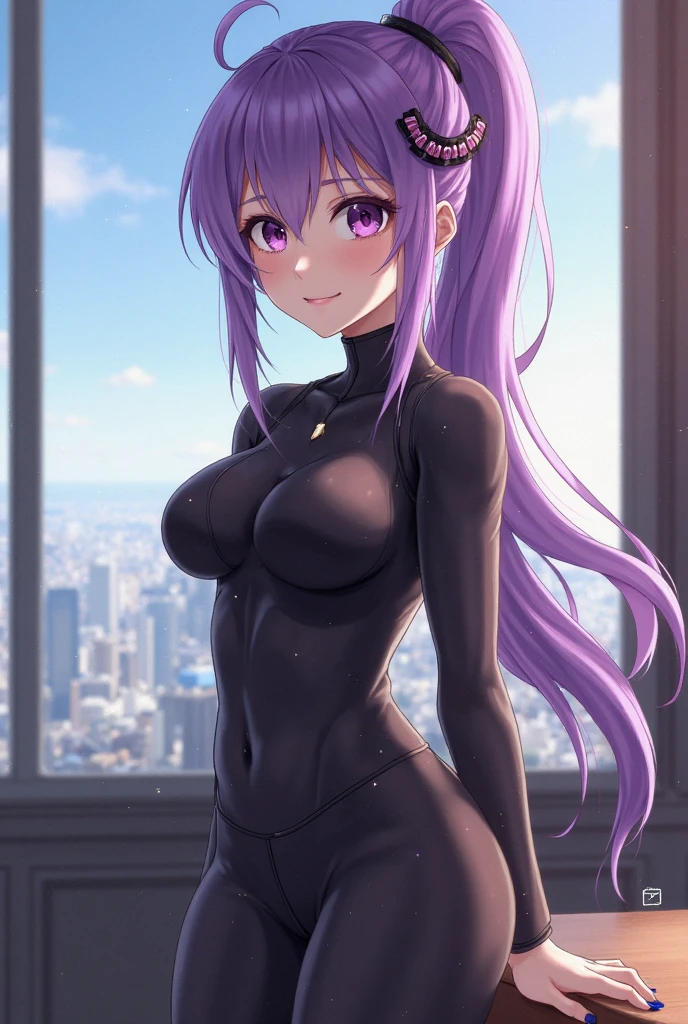 Character Details:, - Gender: 1 Girl.
- Style: Anime, - Body Type: Attractive body, slim body, nice leg, slim tights, nice arms, nice shoulder., - Breast: Small Breast, Cleavage
- Facial Features: Beautiful, Gorgeous, Teenager, Fresh, Young.
- Expression: Smile, Pink Blush on Face, Sexy Eyes, Sexy Look, Innocent Look., - Hairstyle: Blunt Bangs, Long Hair., - Hair Color: Grey Hair.
- Clothing: White Shirt, Black Short Skirt, Stocking., - Body Pose: Standing Pose
- Hand Pose: Hands on Hip
- Behaviour: Waiting, Want Something, Secretly.
- Accessories: Earrings., Environmental Details:, - Setting: Office Room., - Lighting: Natural Light., - Decoration: Modern Office Desk, Chair, Window, White Curtain, City View., pov, anime style, UHD, retina, masterpiece, accurate, anatomically correct, textured skin, super detail, high details, high quality, award-winning, best quality, high-res, HD, HD, 4K, 8k, 16k