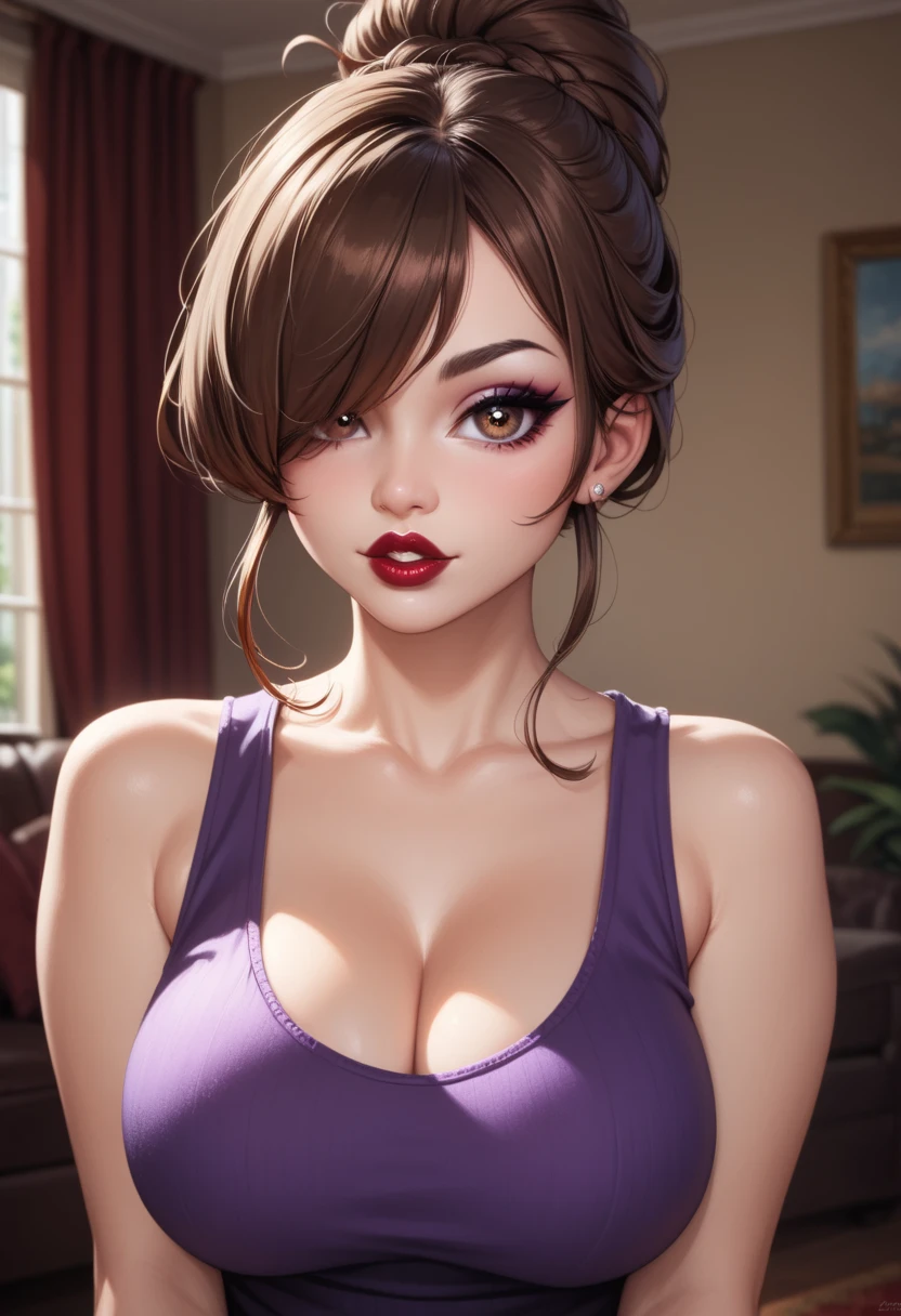 Amazing portrait of a sexy MILF who is a neighbour that is alone at her house with a beautiful face with detailed eyes in an intense gaze and ped pouted red lips in a seductive smile having a medium chest with cleavage that is emphasised by her bending over in a sexy and seductive pose overall she has a hot and alluring appearance with a colourful background and warm lighting