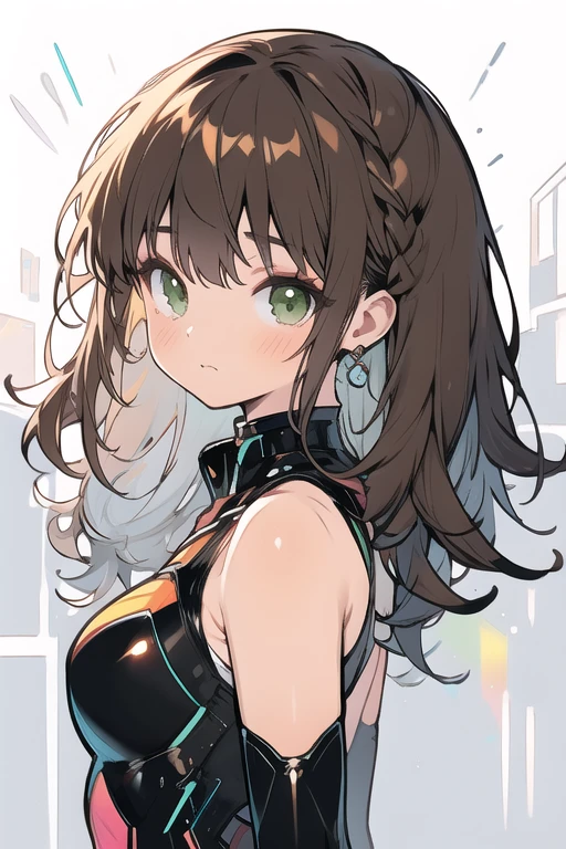 Girl, brown hair, green eyes, small side bun near top of head, crop top