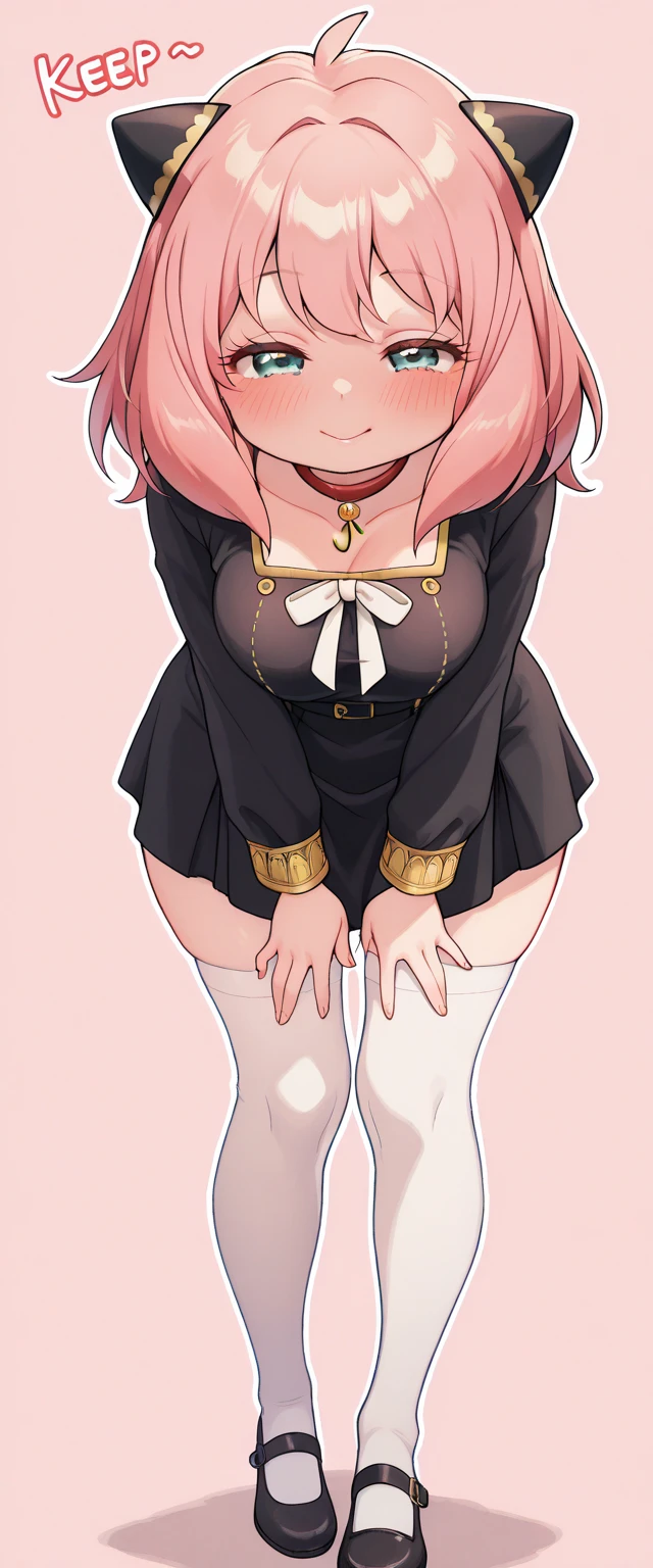 Oni girl, one horn in the center of the forehead, yellow eyes, glasses, cascading bob hairstyle, blond hair color, slightly plump figure, full breasts, narrow waist, curvy hips, ((looking down at the viewer)), perspective, bottom-up view, dark jacket, skirt, lifts the skirt with her hands, panties are visible, panties fit the vagina, detailed vagina under the panties, sinister smile, plain background, background of the same color, white outline around the character