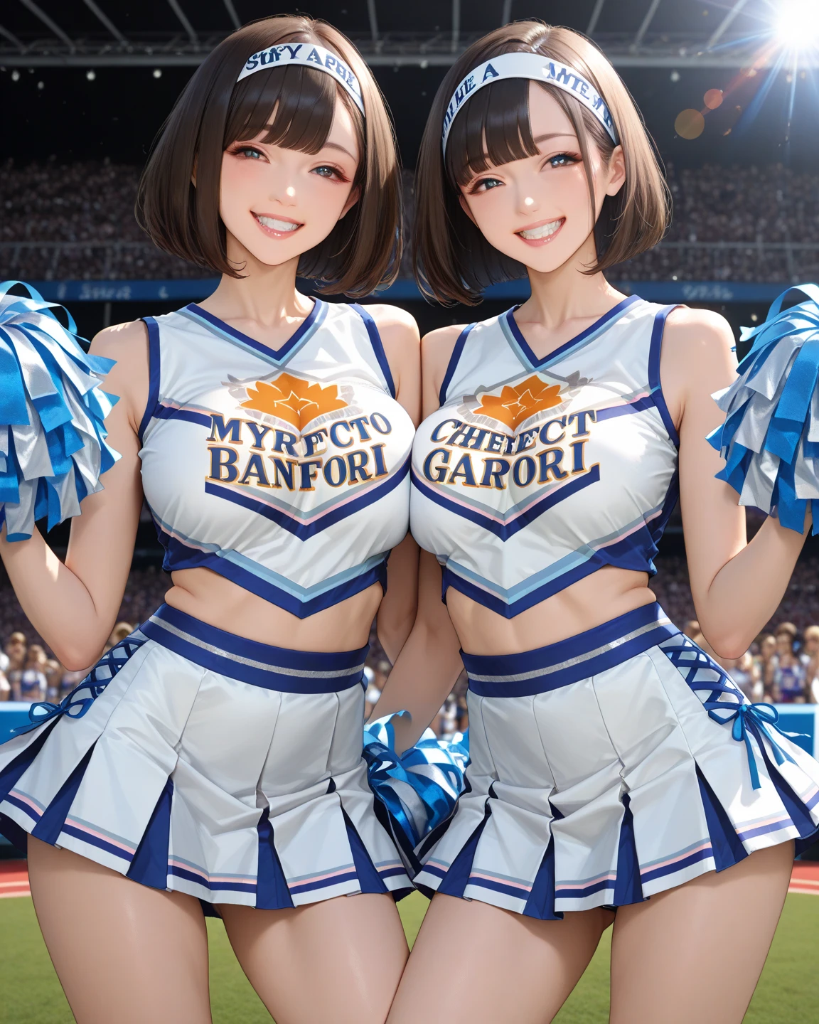 Highest quality,masterpiece,Ultra-high resolution, Very detailed, 8K,a 16 years old beautiful Japanese woman:1.5, Small face, Black hair ponytail, blunt bangs, Breast Augmentation Surgery, (Detailed yellow and white cheerleader outfit:1.5), Standing in the stadium、 Detailed very smelly armpits