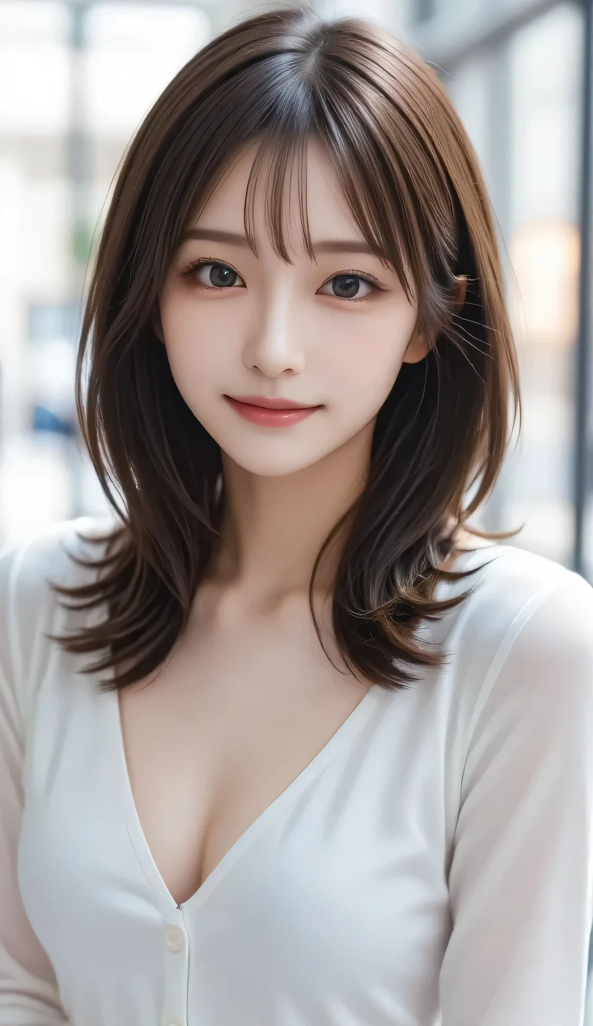 masutepiece, Best Quality, Illustration, Ultra-detailed, finely detail, hight resolution, 8K Wallpaper, Perfect dynamic composition, Beautiful detailed eyes, doress,Medium Hair, Big are visible, Natural Color Lip, Random and sexy poses,Smile,20 years girl