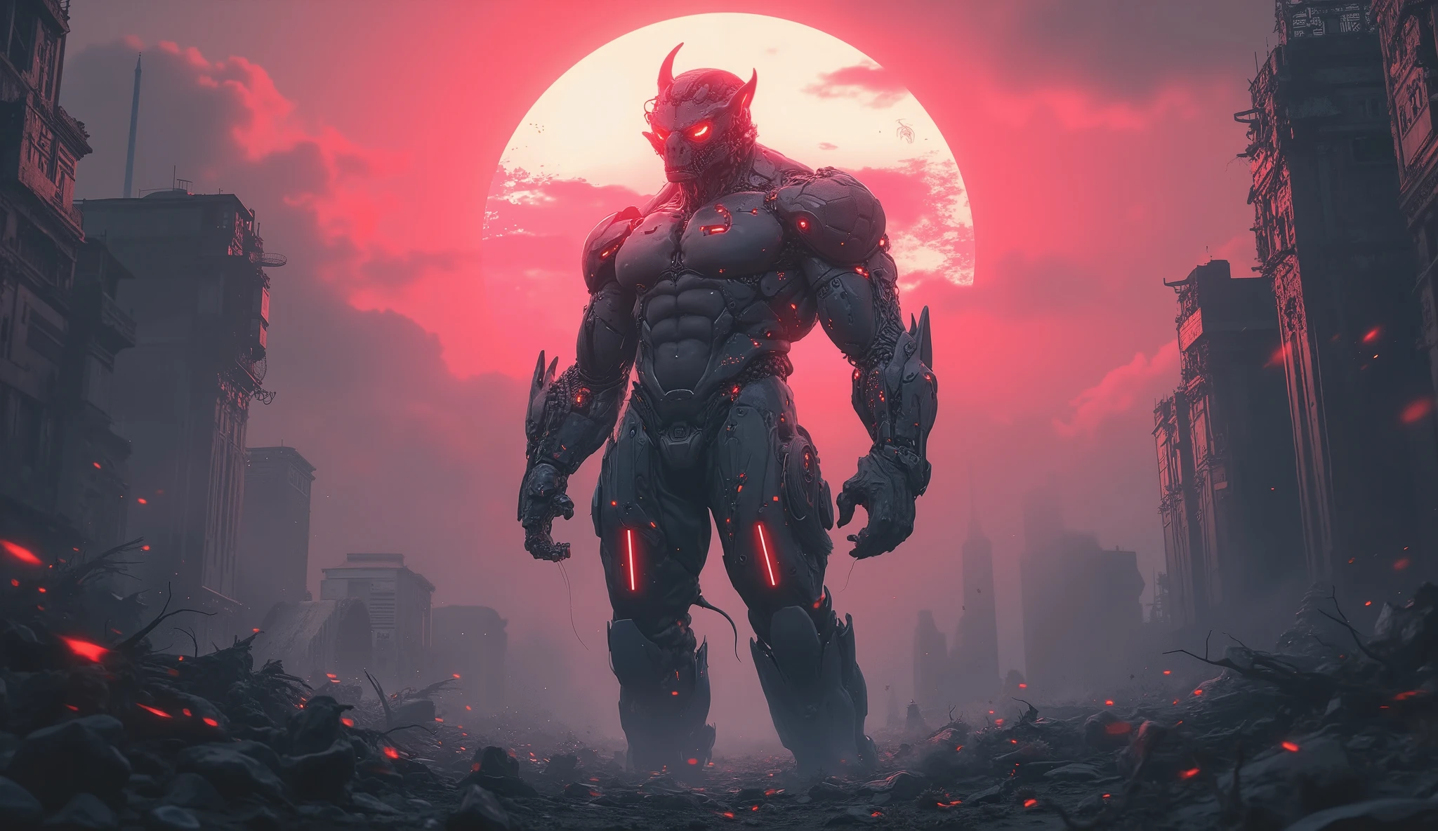 Full length detailed view. full sexy body, sexy muscle hybrid strong man and half cyborg animal, with big muscles looking into the camera, sexy muscle hyprid, hd realistic sharp details of the skin, beautyful eyes, cyborg hair, looking strong, a sexy mechanical outfit, in the background is a sun eclipse, Opalescence technical digital design. perfect eyes, top quality neo-Harajuku style embodying the mood of a post-apocalyptic world of an destroyed city by daylight, intricate robotic details, space age attire highlighted by sharp contrasting shadows, startlingly vibrant red neon colors, atmospheric dust particles, decaying beach background , digital UHD rendering, a breathtaking mix of fashion and dystopia. In white red and light black &white tones, hyper-realistic portrait in white, black and red.(rede: 0.4), (natural skin texture,(facial details: 1.05) Hyperrealism, soft light, Sharpness (dark frame: 1.1), epic realism, full of quiet elegance. high contrast, cinematic lighting, and a whisper of metallic shine on the fabric. editorial, timeless chic. white, black and yellow details, photo from far away, full body girl picture, sexy, robotic parts, big moon, big sun, detailed