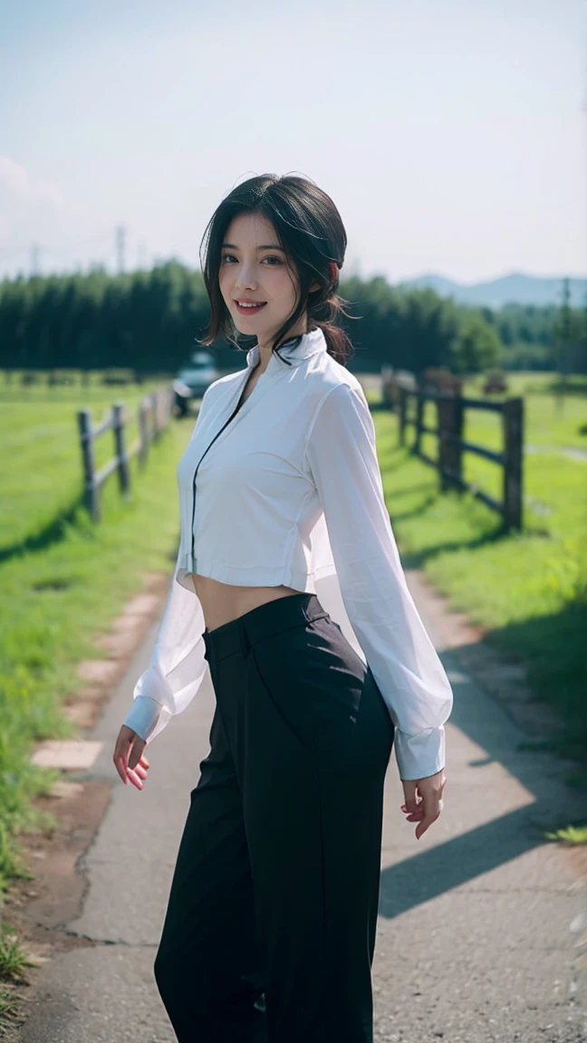 NSFW, 8K Raw photograph, best qualtiy, tmasterpiece, 超高分辨率, filmgrain, cinematic ligh, 1girll, looking at viewert, Natural skin texture, Realistic Eyes and Face Details, full pouty lips, lipsticks, (putting makeup on), Red eyeshadow, Short fluffy hair, messy hair, ssmile, Keep one's mouth shut, beautifullegs, Tall women, being thin, Slim_Legs, 独奏, Pose with your hips facing you, Superskirt, hindquarters, Pocket shirt, Beautiful natural location, Location of flowers around, (detailedbackground), Plaid skirts, Pocket shirt, , Show a little through the shirt, Loafer shoes, vague background, bblurry, halter, tartan, short- sleeved, JK ribbon around the neck, JK ribbon, brown hair, bangle, Eau, By bangs, 校服, jewely, parted lip, cparted lips, From the side Side, pleatedskirt, depth of fields,beachside,