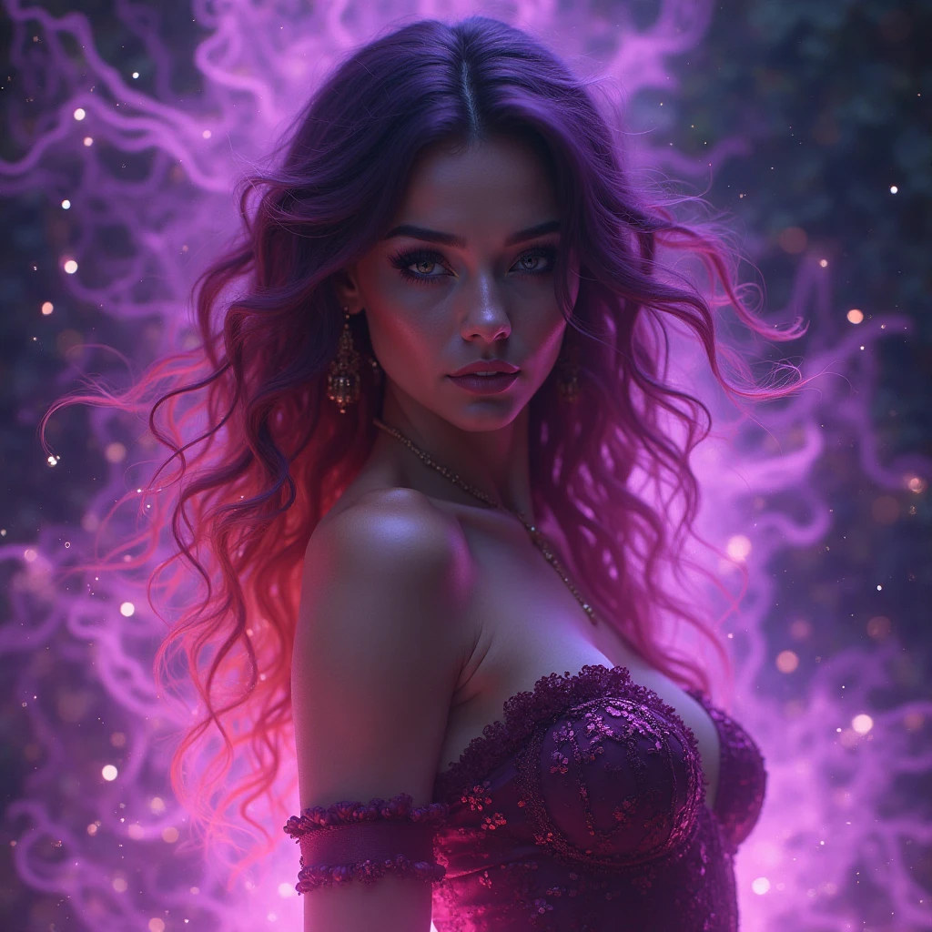 Digital painting of the full-length silhouette of a beautiful, beautiful and unique Cuban model, perfect face, honey eyes and long cascading hair. Dressed in vibrant, ethereal, vibrant luminous and purple smoke, the translucent layers billowing from her fully showcase the beauty of the model. Very intense black background that contrasts with the model and the color of her dress. Studio lighting, ultra-fine painting, sharp focus, professional, vivid colors, best quality, 8k, high resolution, masterpiece: mysticism+coherent and ultra-realistic