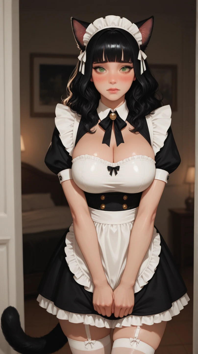 Beautiful maid with short black hair, light eyes, firm body, perfect breasts, maid uniform, white apron, red lips, smiling, charming mind, blushing cheeks 