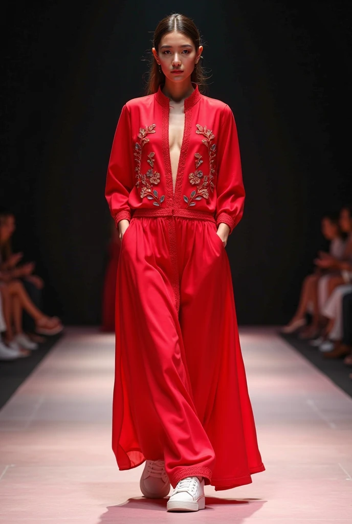 <'EM_1'> BREAK
An Asian fashion model catwalks on a fashion show wearing a nightgown. Its side slits emphasize her feminine figure shapes