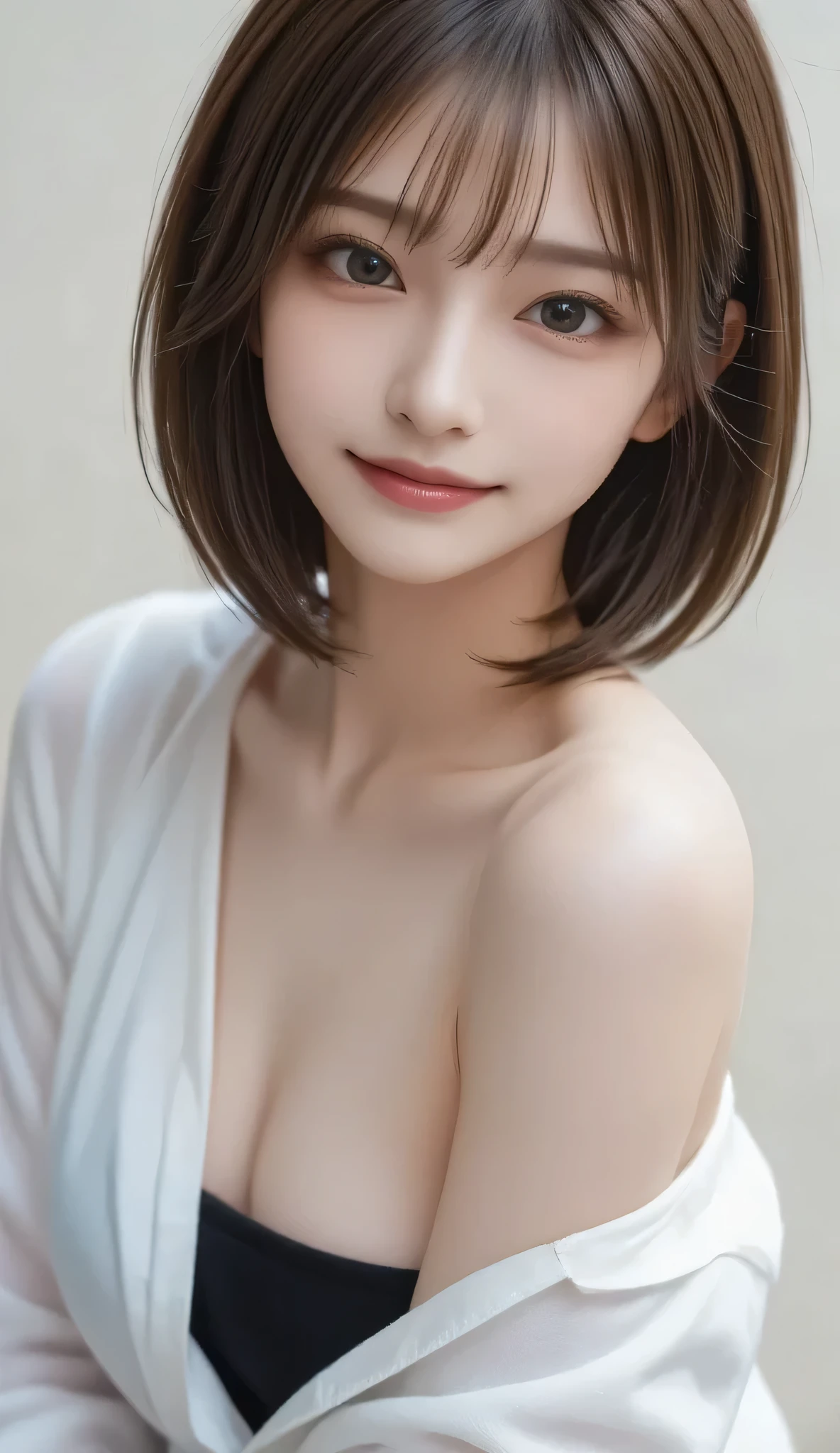 ((Masterpiece、Highest quality、Highest quality、Everything is beautifully detailed、1 female、The beauty of the golden ratio、Perfect Anatomy、Symmetrical, beautiful and cute face))、(Beautiful highly detailed eyes、Beautiful faces with great detail、Beautiful white glossy skin、Light brown eyes、Add natural light to your eyes、Eyelashes、Beautiful and charming collarbone、Beautiful long neck、Put out your ears、Small face、Innocent smile、A beautiful woman with a dignified charm、bangsのある短めのショートヘアー、Short Bob Hair、bangs、{gigantic|big|huge|mega} breasts, cleavage、Shoulder)、Very beautiful background with depth、Beautiful out of focus color background