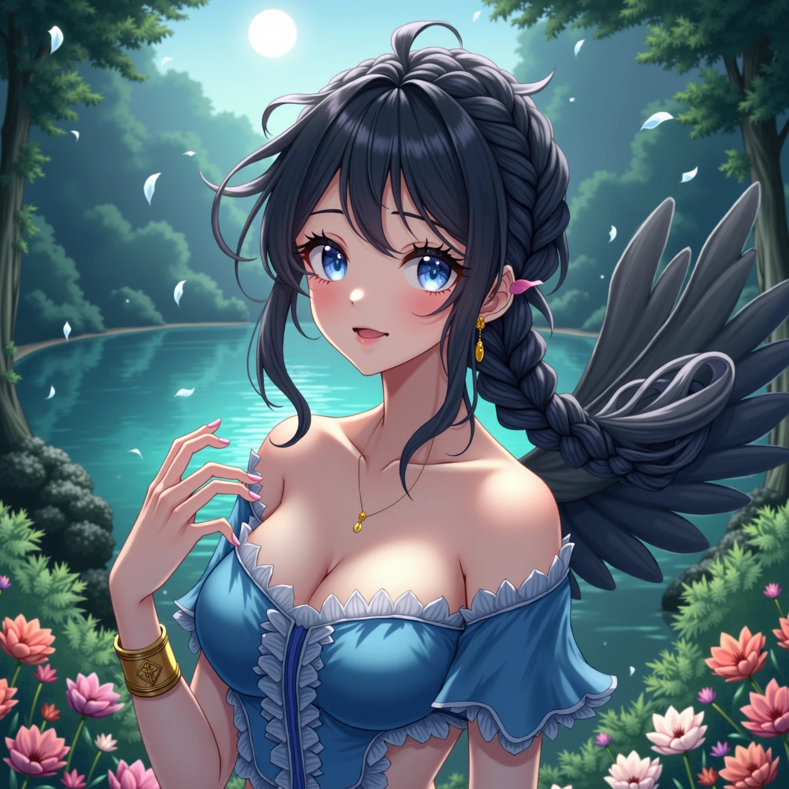 a beautiful young woman with jet black hair in an elegant updo, striking blue eyes, porcelain white skin, sitting in a lush garden, watching birds, serene expression, Disney-inspired snow white princess, detailed portrait, highly realistic, photorealistic, 8k, best quality, intricate details, glowing skin, soft lighting, warm colors, magical atmosphere, fantasy, dreamlike, elegant, graceful