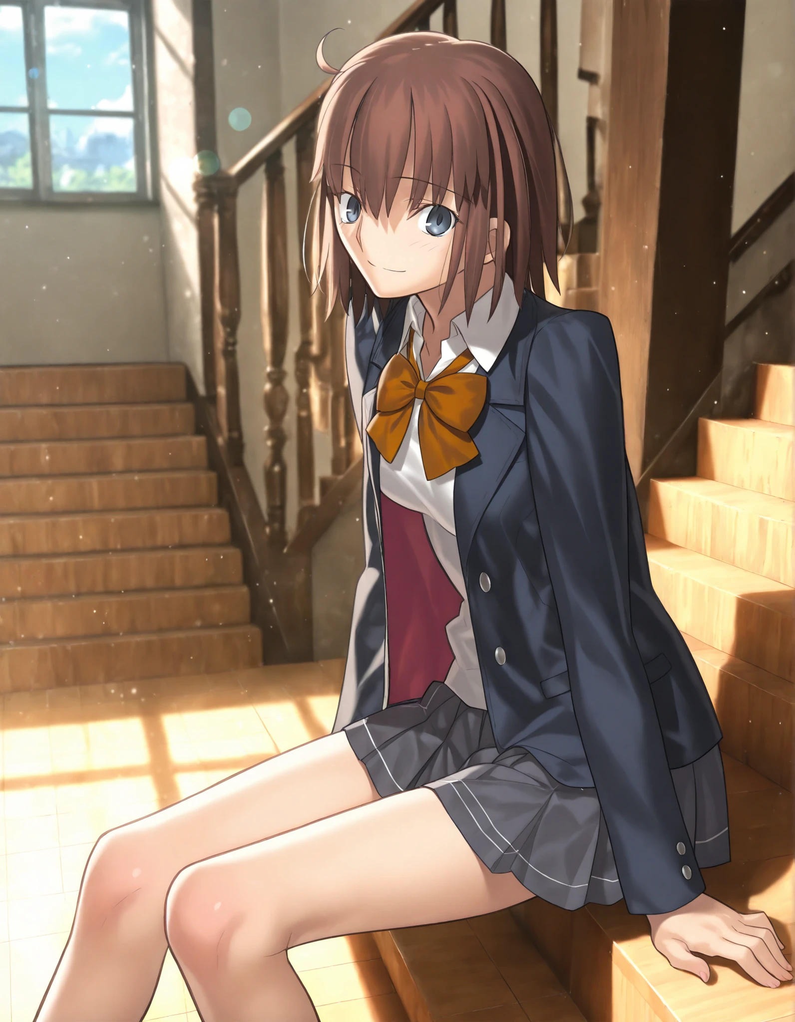 masterpiece, , absurdres, highres, detailed background, high resolution, masterpiece, necessary, detail, best quality, quality, necessary, details, High details, Precise, 8k indoors, (Stairs, colorful light particles, powder light,),day lens flare, blurry background,(from side, from above,),                                            
                                                                                                                                                                                                                         1girl, Takeuchi Takashi (type-moon,tsukihime) style, takeuchi takashi style, (aged up:1.5),(blue sky), sitting,(long legs)  ,    
   
girl, (slender body, slim arms, slim bod), solo, el3gymaster ,ciel \(tsukihime\) ,((blue gray eyes)),brown hair, medium hair, , (school uniform ,open jacket ,, white shirt ,grey skirt, pleated skirt,), (medium breasts),(looking at viewer),((brown plaid bowtie)),light smile, leaning forward,     , , 