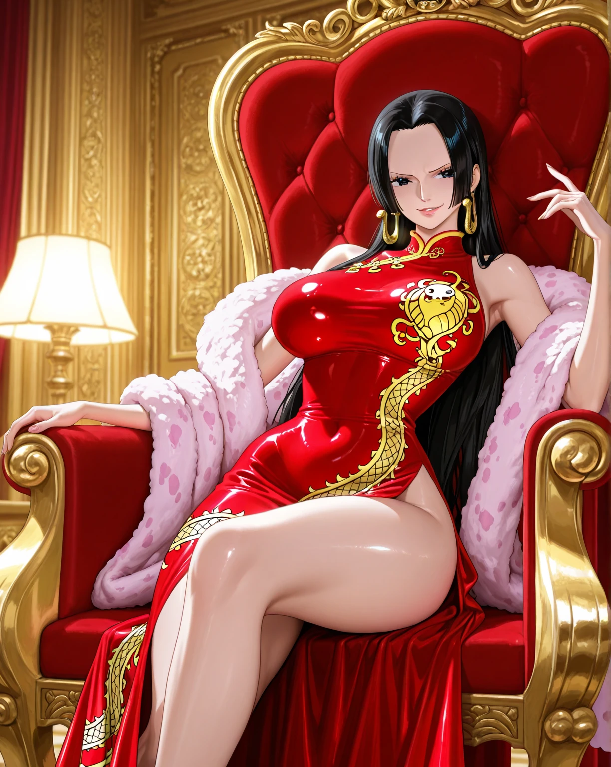 masterpiece, Highest quality, High resolution, Hancock 1, One girl, Boa Hancock, Large Breasts, Long Hair, Epaulettes, Cape, Side slits, Cowboy Shot, Are standing, View your viewers, Sexy pose, Safe at Work, Hands Behind Back, Perfect Fingers,