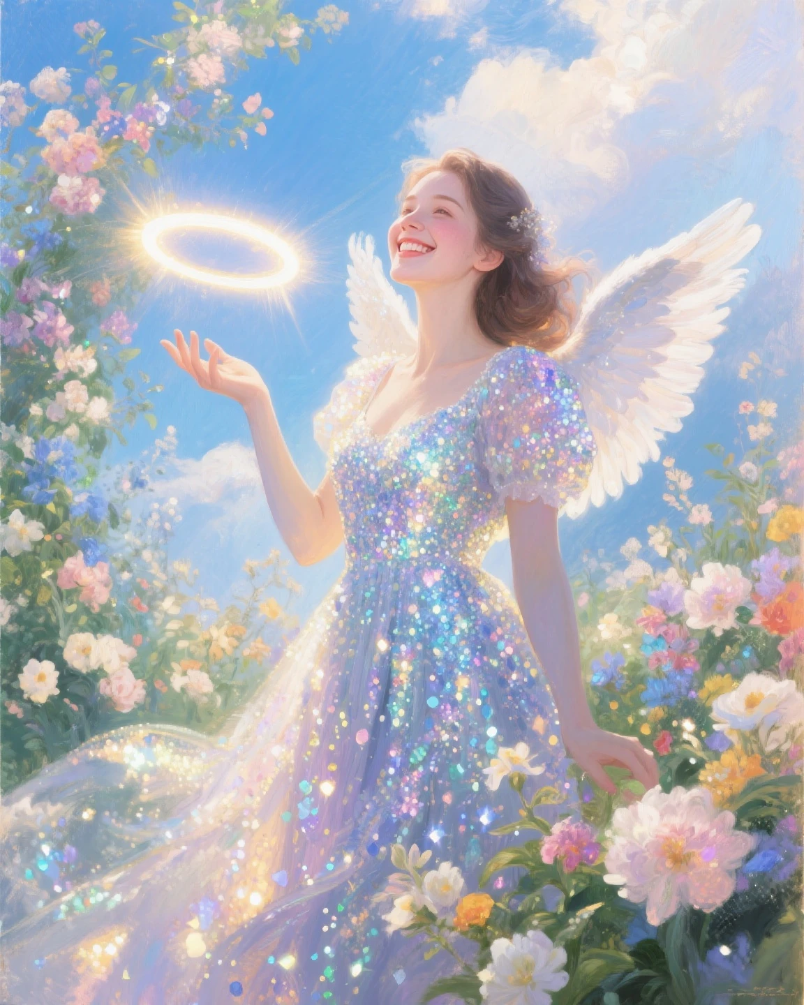 angel forest, fantastic, cheerful smile, wrapped in light, angel wings, playing, rainbow creek, iridescent flower garden, flowers, flowers