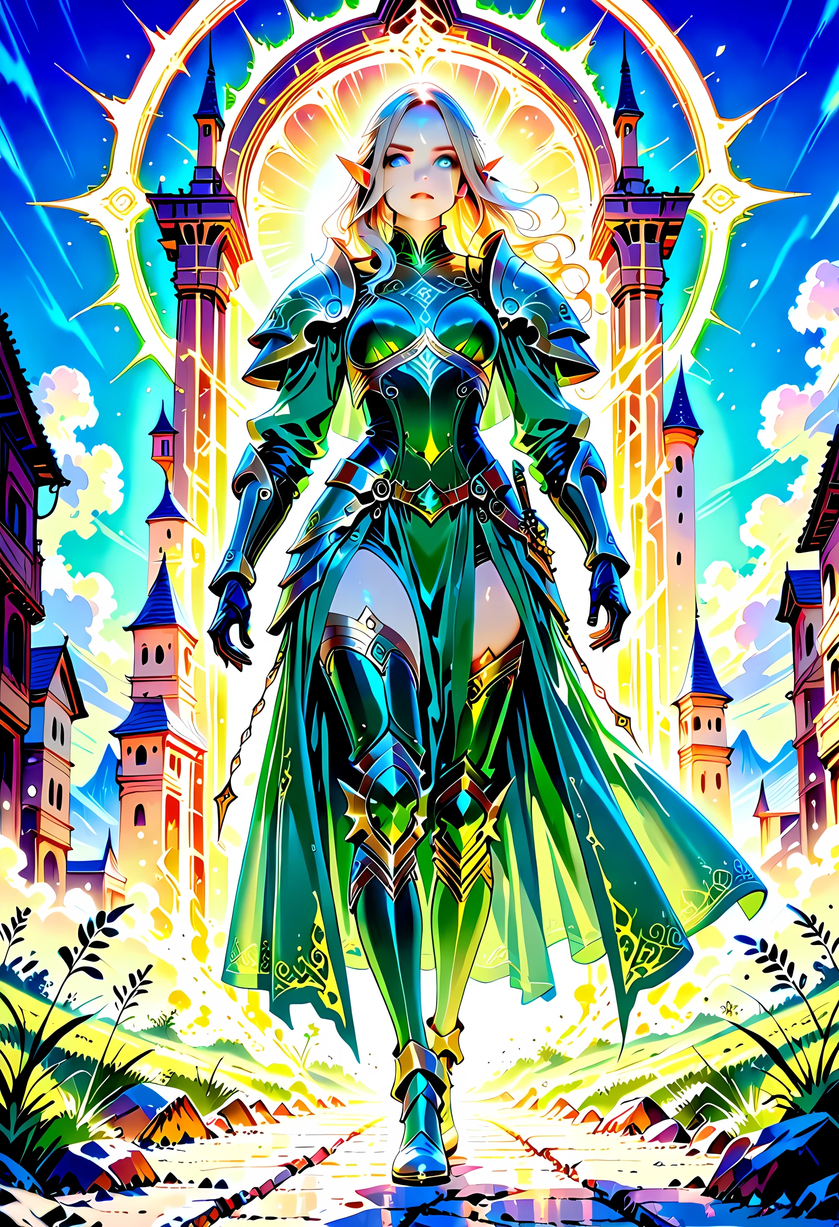 elf knight, elf warrior, princess knight, shinning knight, ready for battle, female elf (intense details, Masterpiece, best quality), ultra detailed face, ultra feminine, fair skin, exquisite beauty, gold hair, long hair, wavy hair, small pointed ears, dynamic eyes color, wearing heavy mech armor, shinning metal, armed with elven sword, green meadows, blue skies background and some clouds background high details, best quality 16k, [ultra detailed], masterpiece, best quality, (extremely detailed), full body, ultra wide shot, photorealistic, fantasy art, dnd art, rpg art, realistic art, a wide angle, depth of field (intricate details, Masterpiece, best quality), full body (intricate details, Masterpiece, best quality), high details, best quality, highres, ultra wide angle[ultra detailed], masterpiece, best quality, (extremely detailed) RAW, (ultra details, Masterpiece, best quality), 