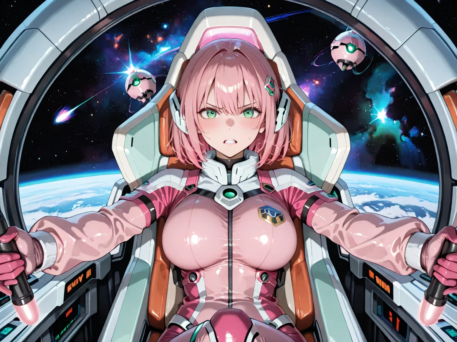 ((Female pilot in the cockpit of a reconnaissance plane), (airplane cockpit), (in flight), (10000 feet altitude)、(sky view):1.7),, short hair, street, emo, PINK hair, white eyes, eyeliner, apocalypse, girl, nside the (cockpit:1.9) of a (futuristic spaceship:1.6), , blush,sitting on a chair, covered navel, space helmet, muvluv, space helm, plug suit , space helmet, eva helm, space suit, short hair, from side, SMILE, from side