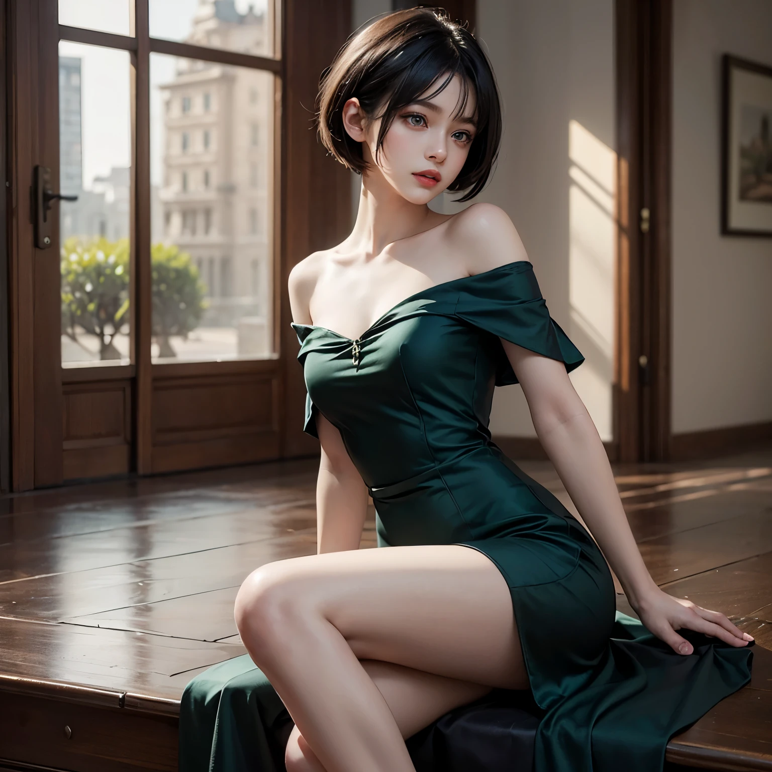 fubuki,,fubuki (One Punch Man),1 girl,big breasts、Green Long Dress,collar、long sleeve、pearl necklace、Beauty、long sleeve、collar、beautiful woman、beautiful face