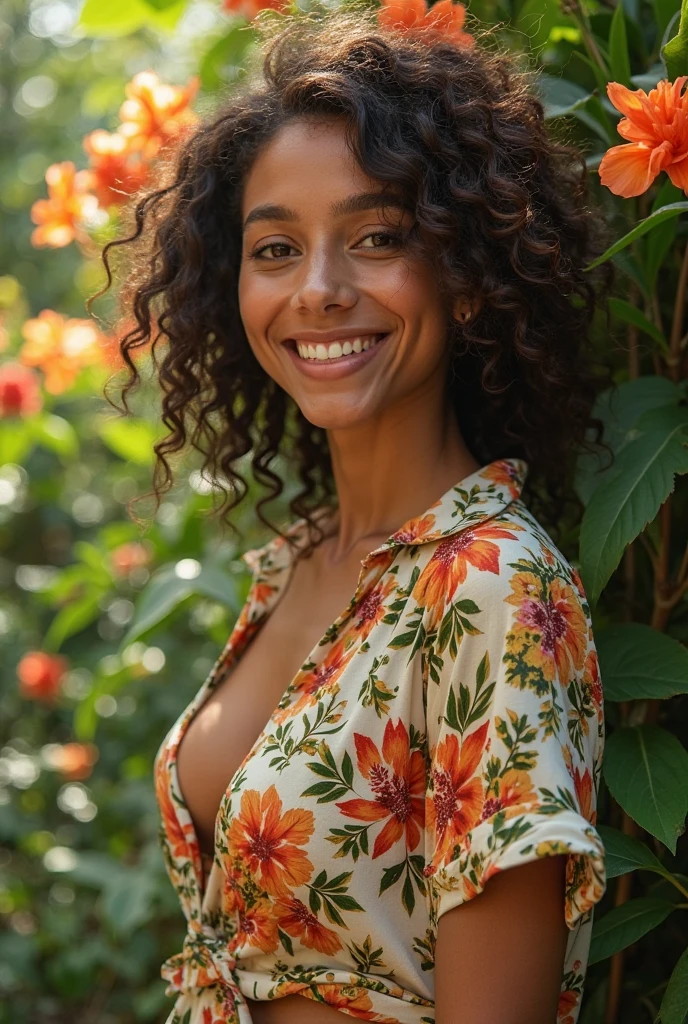 A Brazilian woman in a lush tropical garden, wearing an open shirt with a floral print, with a close-up capturing the harmonious beauty between her breasts and the natural flowers, showing off your natural charm and outgoing personality.