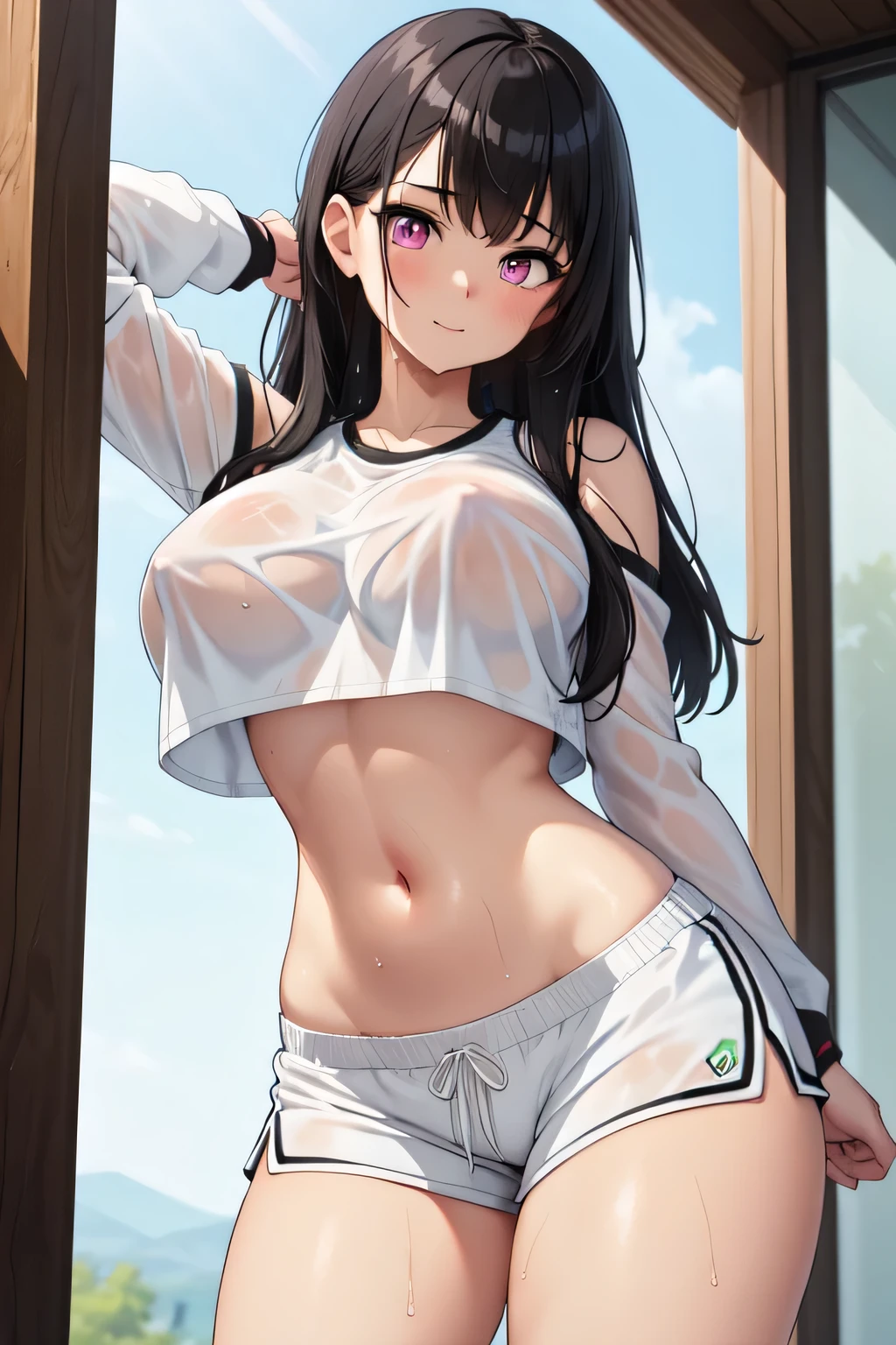 (La mejor calidad,4k,Altas Resoluciones),(realista:1.37),Shy and blushing,sexy,monos en el suelo,uniforme transparente mojado,Black lingerie,pantalon corto,Medias negras largas,Wet,empapado,abierta de piernas,Agua,(foto ),
(Cuerpo completo,anime),(vivid colors),(Soft lighting)