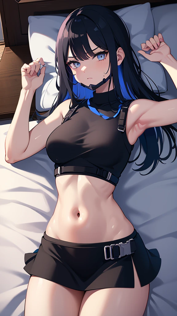 最high quality、best image quality、masterpiece、teenage girl((18-year-old、 By becoming、vest bust、medium bust,wide open breast tea、black eye, black hair、long hair、thin,highest valley、cute makeup、black sports bra、White sports pants、White Necklace、Blackface Paint、tired face、Sweat、sleep、worst sleeping position)),high quality、beautiful art、background((on the bed)),debris flies、Depth of written boundary、movie、visual art、perfect art、8K,genuine