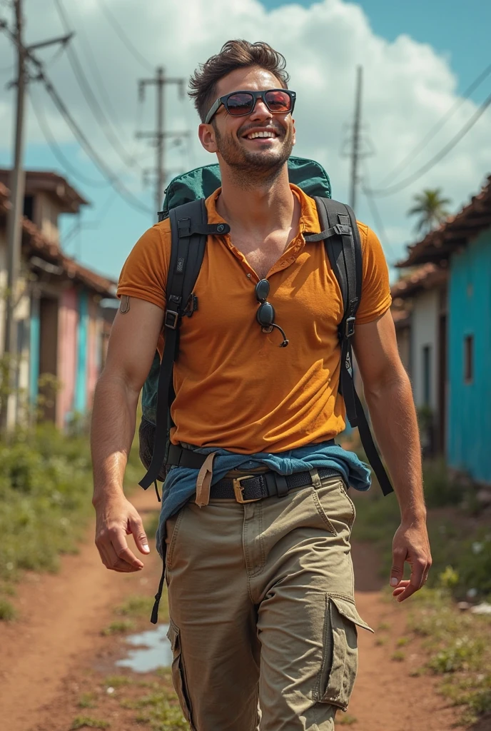 Man, beautiful, attractive face, hazel eyes, perfect jaw and chin, muscular, defined, attractive body , wearing a dirty, torn shirt , rebellious brown hair, sun-burnt , in the Brazilian favela , with houses from Brazil , holding a big garbage bag on my back, climbing the hill