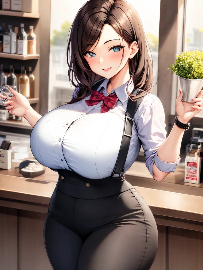 girl, With big breasts, athletic curvy body, corset with large brown neckline, for coffee.