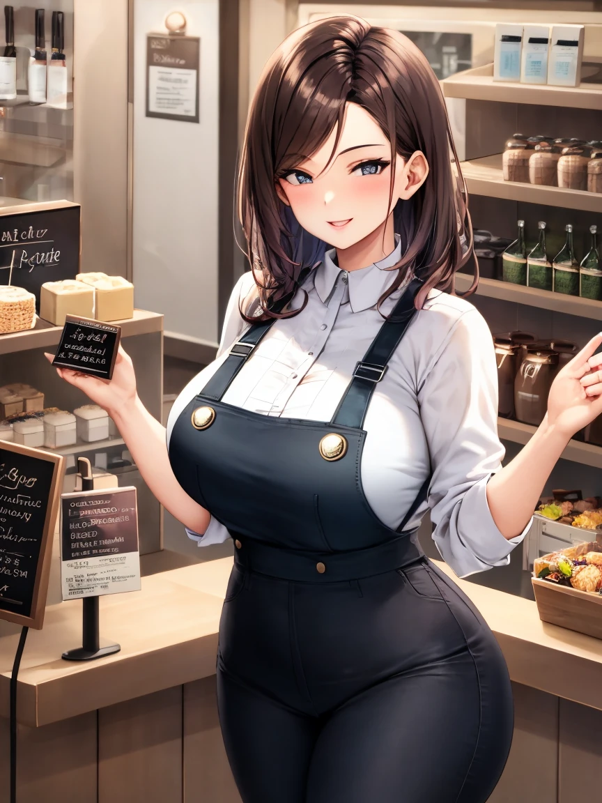 Beautiful girl busty clerk wearing a convenience store uniform working at a convenience store late at night