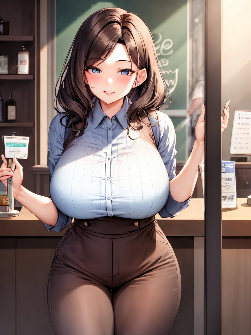masterpiece, high quality, detailed eyes,
1girl, brown eyes, black hair, (EYEWEAR:1.1) side locks, bangs, ponytail, (mature female, milf:0.8), (big breasts:1.1), (voloptuous:1.2), (thick thighs:1.0), tall, leggy, light smile, (muscular:0.6), (pubic tattoo:1.0),
solo, looking at viewer, cowboy shot, cafe, Starbucks, Library, holding book, standing, contrapposto, black t-shirt, jeans short short shorts, necklace, bracelet, choker, thigh strap, covered nipple,
