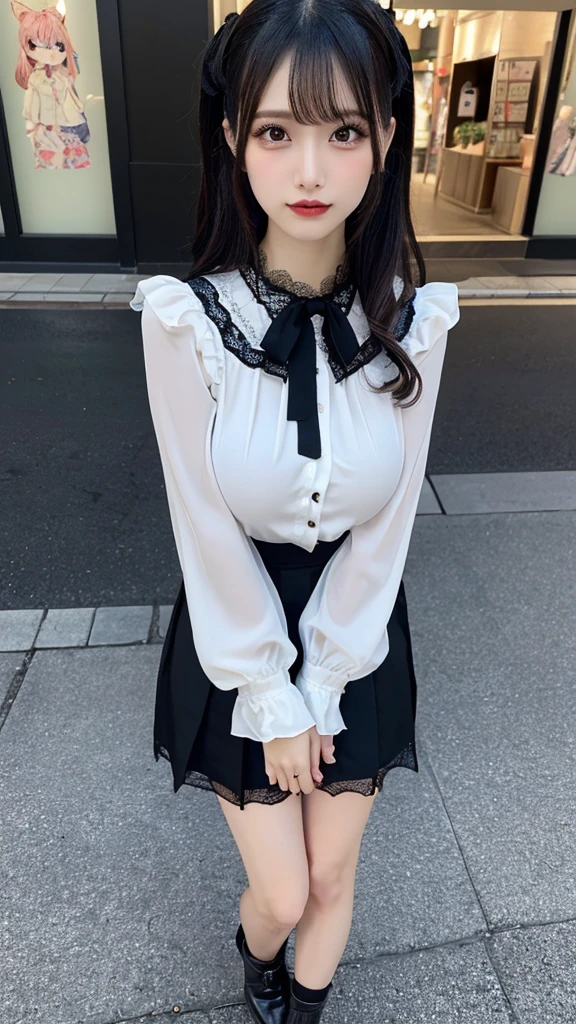 Realistic, Photorealistic, NSFW, solo, solo focus, outdoor, tokyo, street, mesugaki smile, (leaning forward:1.2), cinematic light, (finely detailed face and beautiful eyes:1.2), (masterpiece:1.5), (best quality:1.2), bow, skirt, black bow, kawaii eyes, twintails , thighhighs, bag, black hair, lace, cowboy shot, shirt, black footwear, jirai kei, black skirt, looking at viewer, black bowtie, bangs, long sleeves, bowtie, frills, ribbon, standing, clothing cutout, blue bow, hair ribbon, hair bow, long hair, choker, high-waist skirt , handbag, multicolored hair, white shirt, breasts, collared shirt, frilled shirt, ulzzang-6500