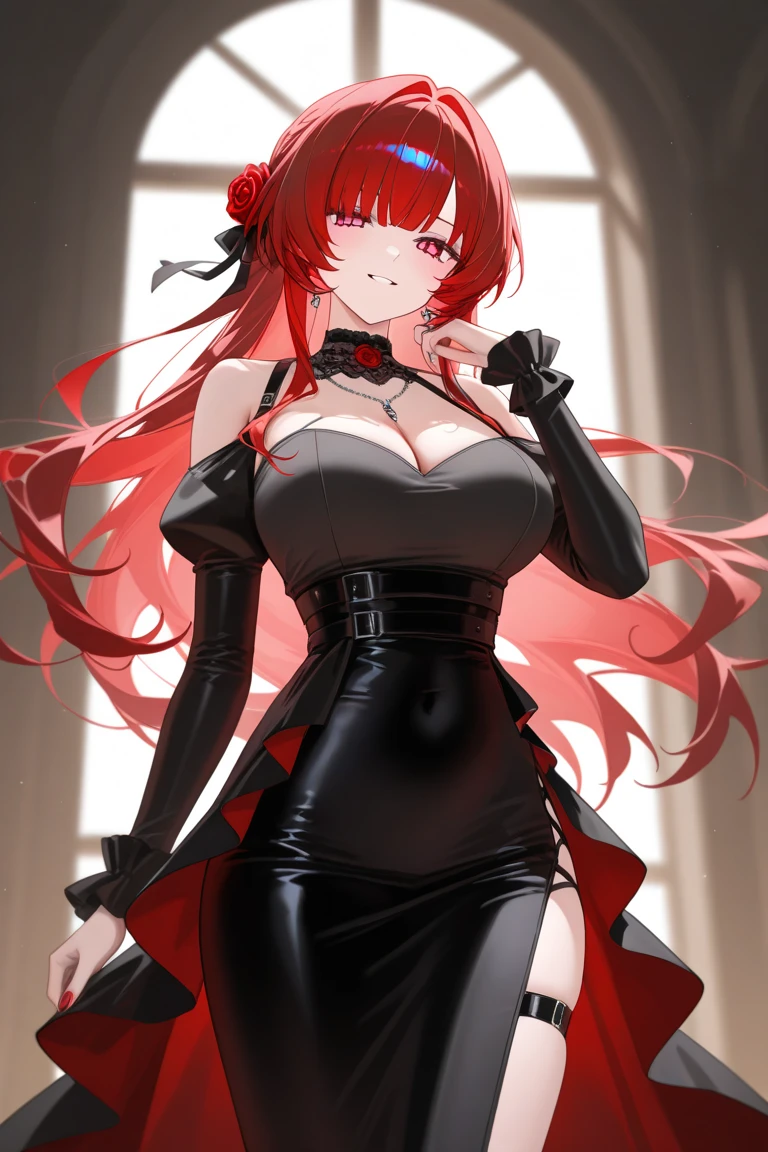 ((best quality)), ((masterpiece)), (detailed), perfect face, 1girl, Long red hair, red eyes, older then 20, standing away viewer, with two fangs in mouth