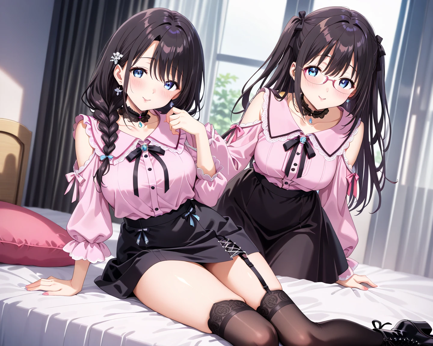 lovelive、Yazawa Nico((nsfw1.8)、Twin tails.Black Haired Beautiful Girl(Red ribbon)、Red Eyes、outfit torn clothes.legsUP.Otonokizaka Academy uniform、Thighini skirt、Pink long sleeve cardigan、breasts out.pussy juice.show off pussy.sexual climax.Karaoke Box、lying.having sex.missionary position.