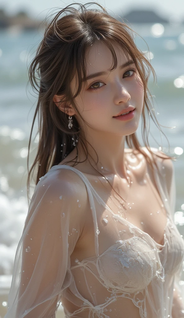 (Masterpiece, BestQuality:1.3), (ultra detailed:1.2), (hyperrealistic:1.3), (RAW photo:1.2),High detail RAW color photo, professional photograph, (Photorealistic:1.4), (realistic:1.4), ,professional lighting, (japanese), beautiful face, (realistic face), cute woman, (Brown Hair, :1.2), (Smile:1.7), Trending Hair&Trending Hairカラーをランダムに, sexly, erotsexly, sexy gure poses, (A utiful woman in a white chiffon dress、Smiling softly at the beach in the sunset。Wearing pearl earrings。:1.2), Beautiful location, (Detailed Background):1.2))