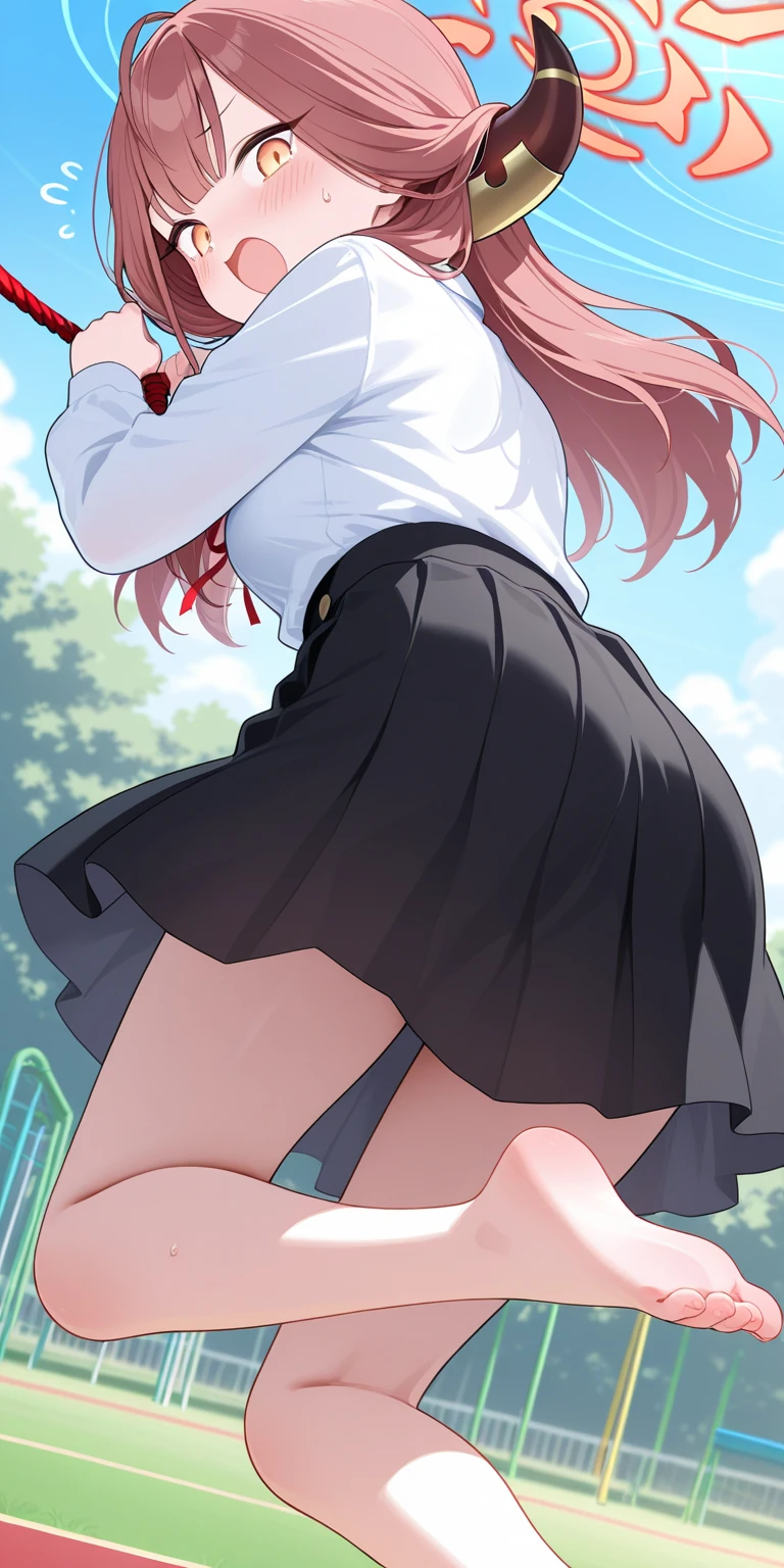 Stella Vermillion, Stella Vermillion, hair between eye, Hair intake, Hair Ribbon, Long hair, (Red Eyes:1.5), Red hair, two side up, Yellow Ribbon,Blake Black Choker, Choker, emblem, Neck ribbon, Plaid, Puffy Short Sleeves, Puffy sleeves, Purple Ribbon, Red hair, bow ribbon, School uniform, Shirt, Short sleeves, Skirt, thighs thighs thighs thighs, White shirt, White skirt,BREAK looking at viewer,,Romper (masutepiece:1.2), Best Quality, High resolution, Unity 8k壁纸, (Illustration:0.8), (Beautiful detailed eyes:1.6), extra detailed face, Perfect Lighting, extremely details CG, (Perfect hands, Perfect Anatomy),、 (View from behind1.3)、 (white  panties:1.3)、(Skirt that rolls up:1.3)、(Fully exposed panties:1.5),、red blush、embarrassed from、, Accidental exposure, Skirt lift, (Bag),  (Ass), embarrassed, Blushing, wobbly mouth, (angry), from behind, Looking at Viewer, Outside, Panties, Sexy, thick thighs, wide hips、plein air、outside of house、(black thighhighs:1.3)