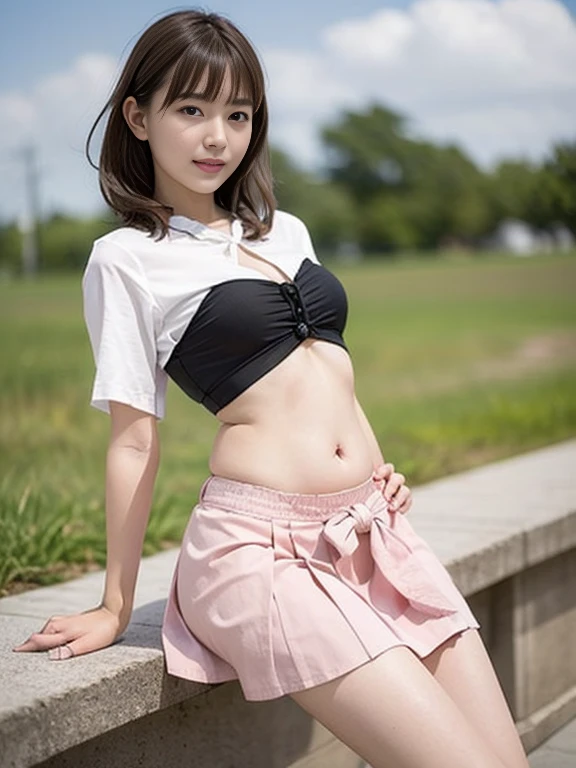 A Japanese woman wearing short low-rise pants is posing and standing on a bench, (Low-rise mini pants),Wearing a mini shirt,West Shot, Angle from below,1 female model, Young and skinny gravure idol,Small Hips, ((Exposed thin thighs!!!)), Her belly button is exposed, Exposing the abdomen, Close-up shot of half body, Smooth pink skin, Real young gravure idol, Pink body, Summer daytime park, Ultra-realistic photos