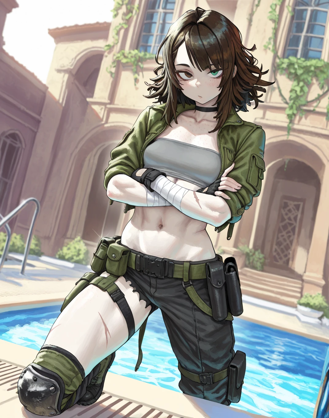 Best quality, masterpiece,bra and panty, serious, sexy pose, military, desert. Cammo, Sun, hot, guerrilla, warfare, wetting. Bullet proof vest.