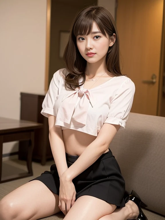 15 years old, perfect proportions of a female body, a beautiful face of an actress, formal shirt is worn, her vagina without panties is exposed, pubic hair, she is sitting on a chair in cafe, nsfw, best quality, highly detailed, masterpiece, ultra high res, photo realistic, 8k, she is japanese