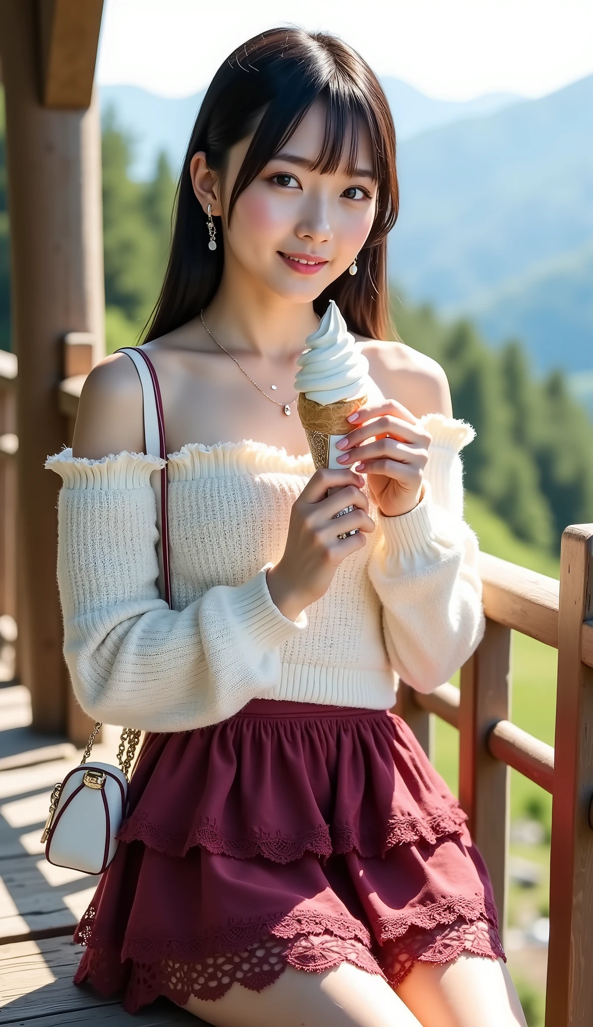((full body shot:1.5))、(petite young Japanese woman touring mountain tourist spots)、Small resting place on the mountain、(eating soft serve ice cream:1.35)、((dating))、noon、Smiling、((white off-shoulder knitted sweater with lace frills))、(burgundy lace ruffled flared mini skirt)、beautiful thick thighs、white frilly socks、wine-red pumps、Small white shoulder bag、simple necklace、Simple Ring、simple earrings、white skin、BEAUTIFUL BLACK HAIR、straight long hair、light makeup、(dynamic pose:1.4)、(Beautiful huge breasts)、Accurate depiction of hands and feet、RAW pictures、16K、Reality、professional photography techniques、Ultra High Definition、16K、Real Photo