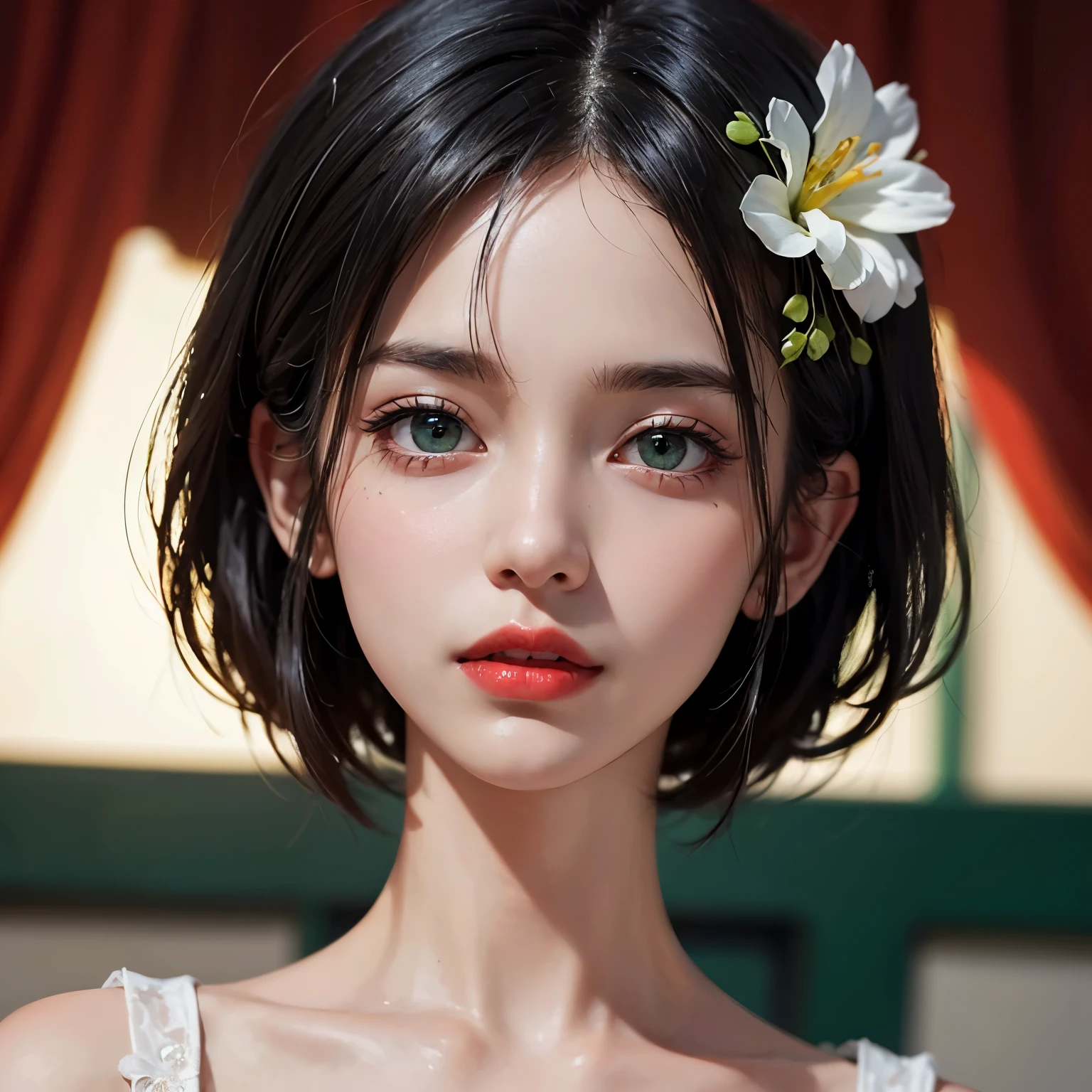 masterpiece, 1 beautiful girls, (((very_short_hair))), Eye details, Swollen eyes, Top image quality, 超A high resolution, (Realistis: 1.4), OriginalPhotographs, 1Girl, Cinematographic lighting, japanes, Asian Beauty, Korean, very beautif, Beautiful skins, thin, (A hyper-realistic), (hight resolution), (8 K), (ighly detailed), (The best illustrations), (beautifully detailed eyes), (ultra-detailliert), A detailed face, see the beholder, Facing straight ahead, Neat Clothing, shorth hair、A dark-haired、46-point diagonal bangs、Interior background of luxury hotel、flower arrangement、vases、Neat and clean
