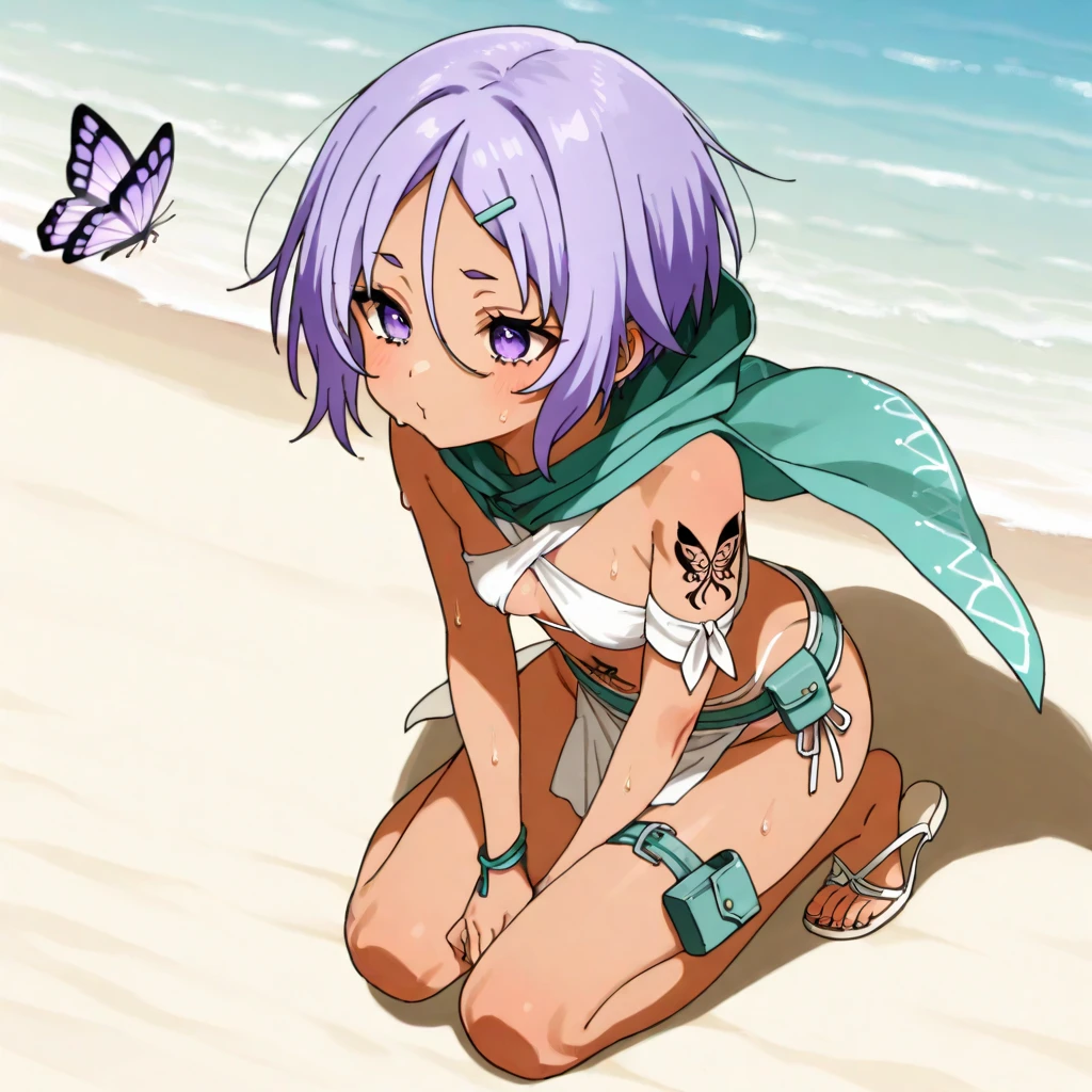 A tanned-skinned anime girl lies despondently on the ground, her hand cradling her abdomen in agony. Her fabric revealing the faint outlines of her ribs. Long sun-kissed locks cascade around her face, concealing it from view. Her despairing expression, etched with lines of hunger and suffering, speaks of a life devoid of sustenance. The sunlight filters through the foliage above, bathing her emaciated figure in a warm, golden glow that accentuates the definition of her bones. The bikini top clings to her body, leaving little to the imagination, she lying down on the forest floor with her eyes closed in immense pain and suffering from hunger