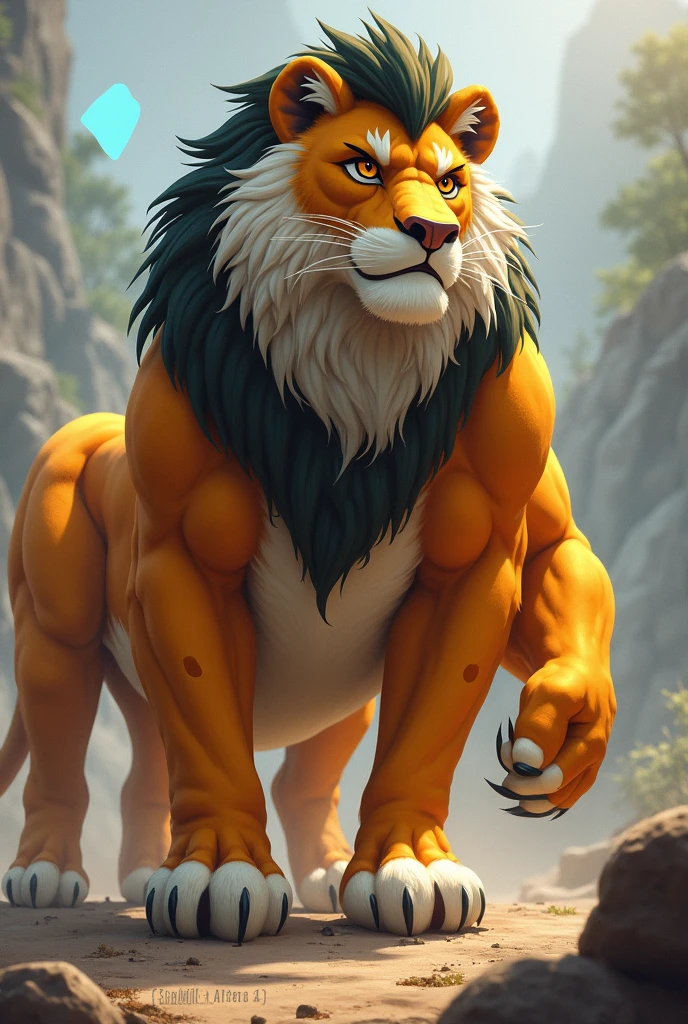 a male lion with a long flowing blonde mane, beautiful detailed eyes, massive and obese body, big belly, fat belly, muscular arm, muscular pectorals, in a garden, shirtless, portrait, big smile, paw in front of the face to hide the eyes from the sun, (best quality,8k,highres,masterpiece:1.2),ultra-detailed,(realistic,photorealistic,photo-realistic:1.37),HDR,UHD,studio lighting,ultra-fine painting,sharp focus,physically-based rendering,extreme detail description,professional,vivid colors,bokeh,cinematic,extremely detailed eyes and face, corect anatomy
