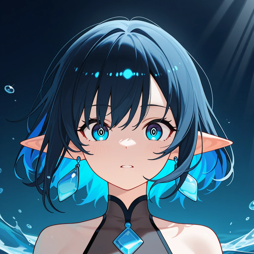 (masterpiece, Best quality, ultra detailed, best shadow), (detailed background,dark fantasy), (beautiful detailed face), high contrast, (Better lighting, very gentle and beautiful), ((cinematic light)), colorful, hyperdetailing, dramatic light, complex parts, (1 girl, Bright blue hair, Sharp face, Red eyes, hair between eyes, Dynamic angle), (swirling black light around the character:1.5), depth of field, Black light particles, (broken glass) Elf, bright eyes, beautiful eyes, look to the side, looking in the mirror in the bathroom, camera from behind, Without clothing, Body in water, gender body is not visible, close up view, (eye detail, detailed chest), (Beautiful water, Reflection in water)