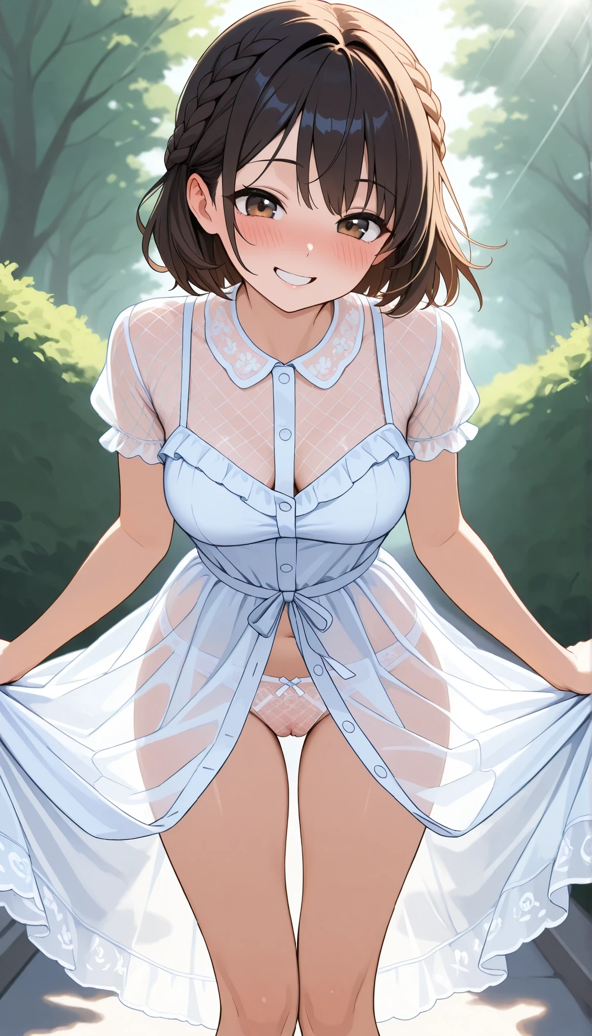 best quality,masterpiece,1girl,solo,(((9years old))),japanese girl,an extremely cute and beautiful girl,highly detailed beautiful face and eyes,petit,cute face,lovely face,baby face,shy smile,show teeth,black hair,medium short hair,flat chest,Hairless pussy,nipples sticking out on dress,no bra,no undies,skinny,slender,(((wearing a very wet white transparant tight mini baby doll dress))),(((standing in a flower garden))),she is looking at the viewer,legs spread wide open,she lifts the dress above the waist showing her pussy to viewer